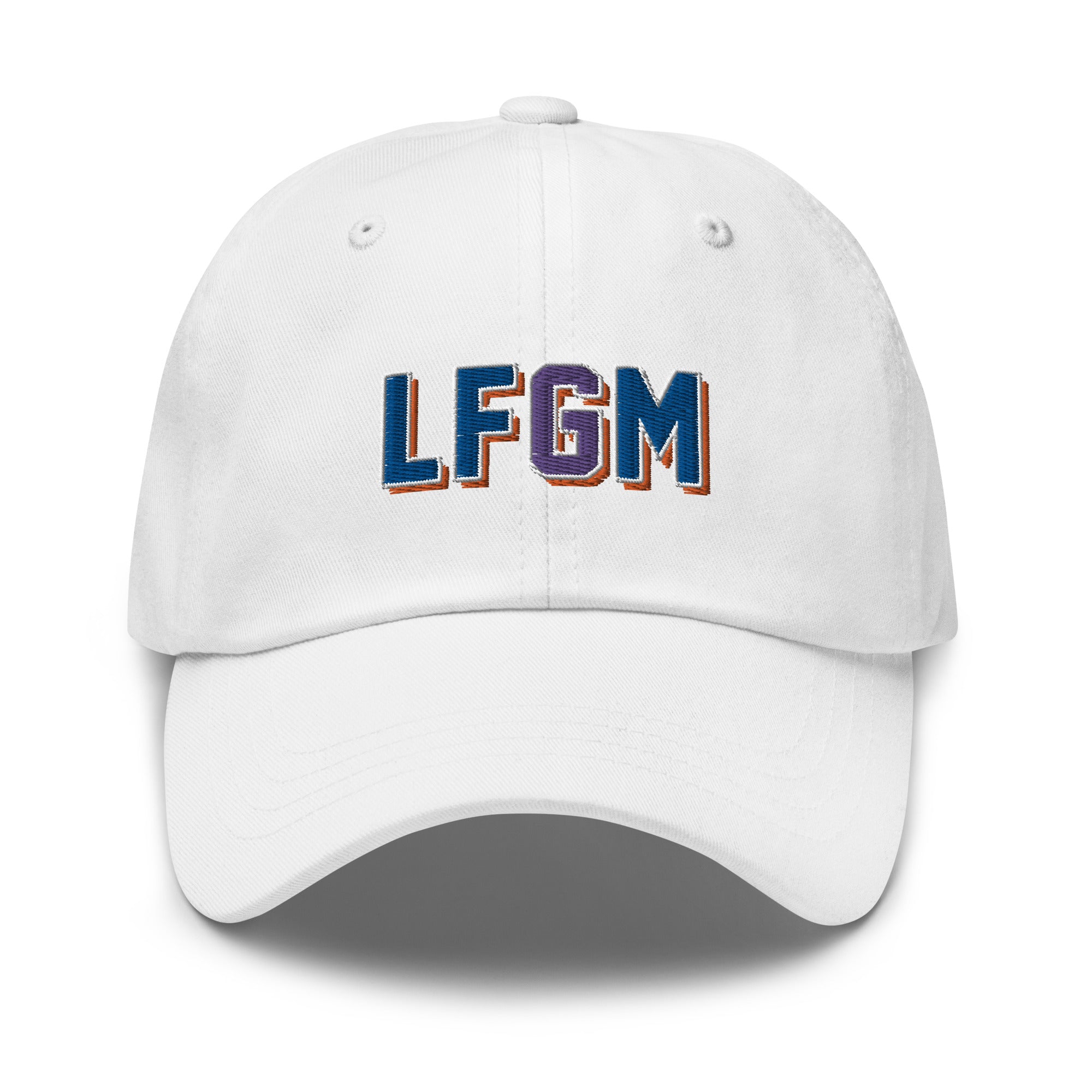 White dad hat with embroidered "LFGM" logo in blue, purple, and orange on the front, featuring a curved brim and adjustable strap.