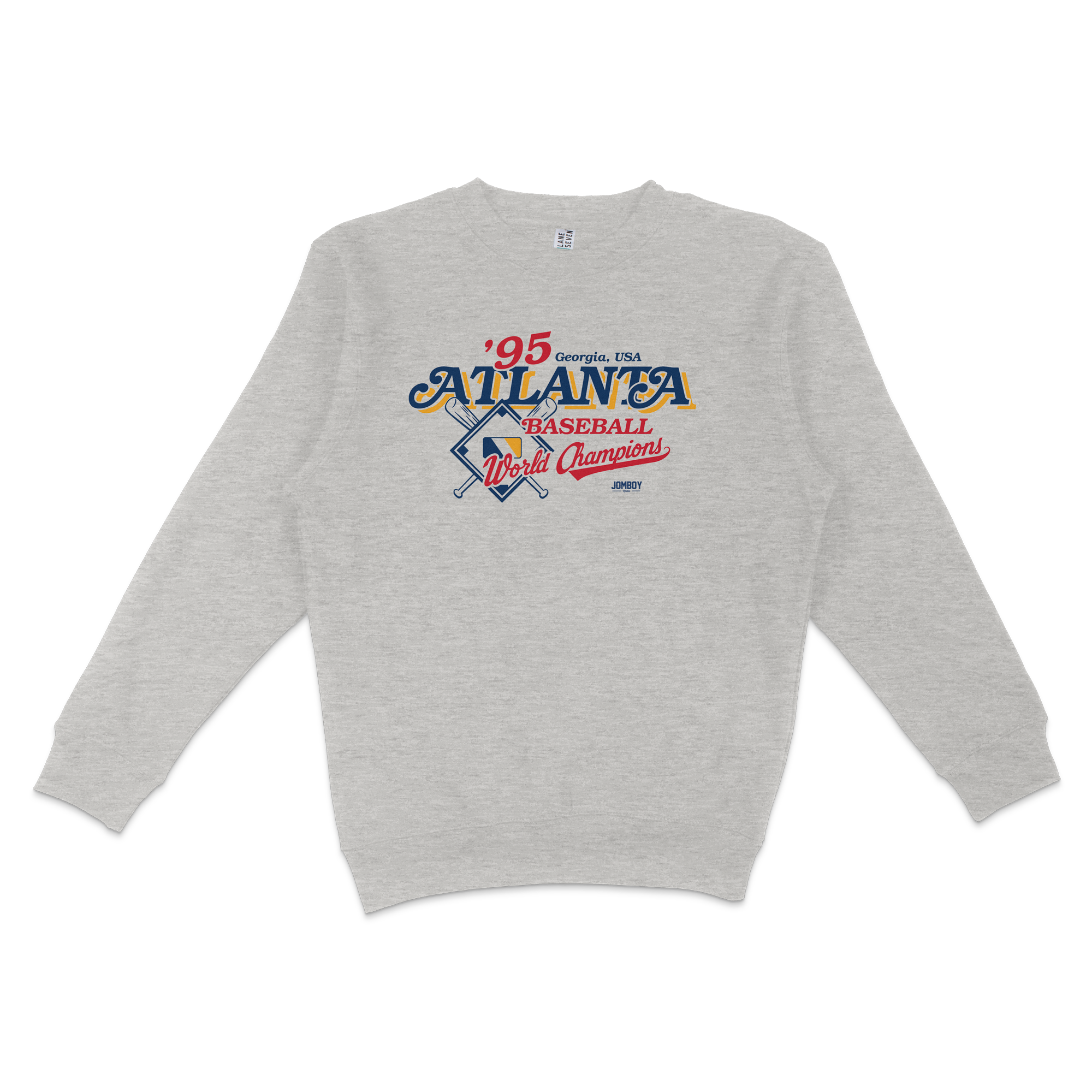 Gray crewneck sweatshirt featuring vintage-style Atlanta baseball team design with text, crossed bats, and "World Champions" logo.