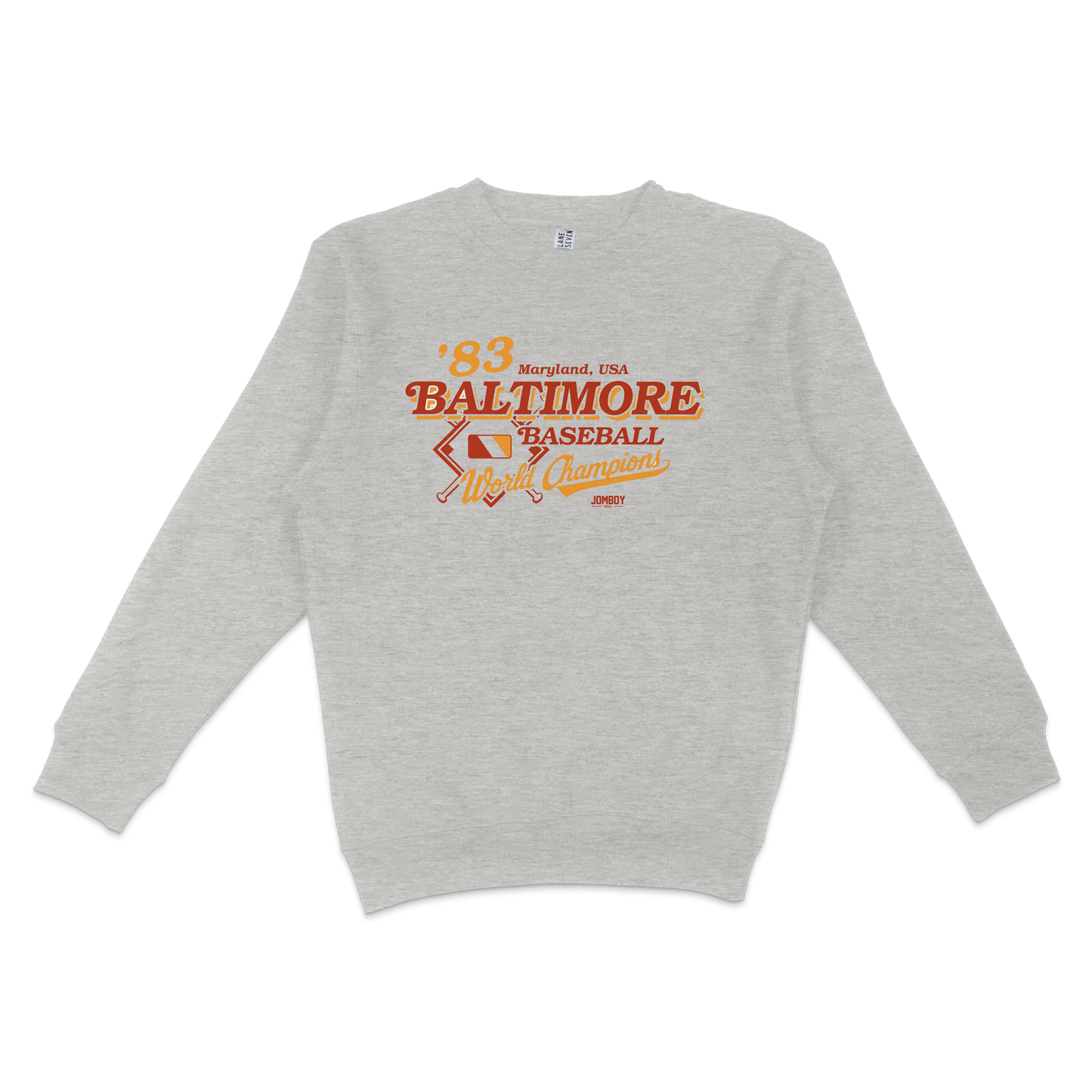 Gray crewneck sweatshirt featuring vintage Baltimore baseball team design with text, baseball graphics, and "World Champions" banner.