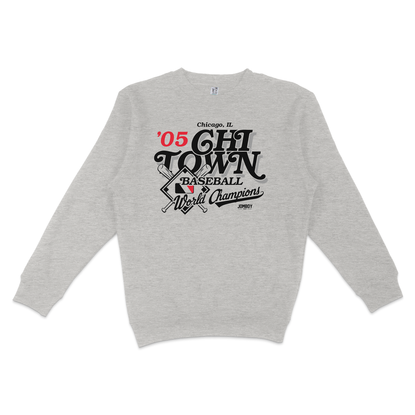 Gray crewneck sweatshirt featuring vintage Chicago baseball team design, "05 City Town" text, and "World Champions" lettering.