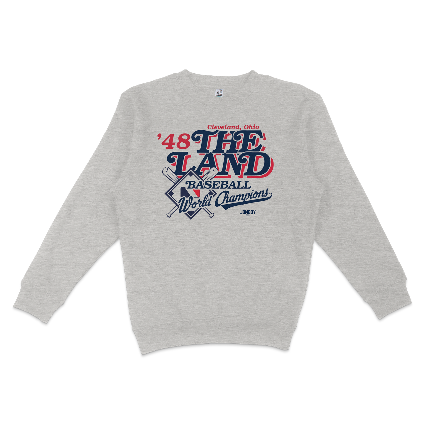 Gray crewneck sweatshirt featuring vintage Cleveland, Ohio baseball team design with text, baseball graphics, and "World Champions" lettering.
