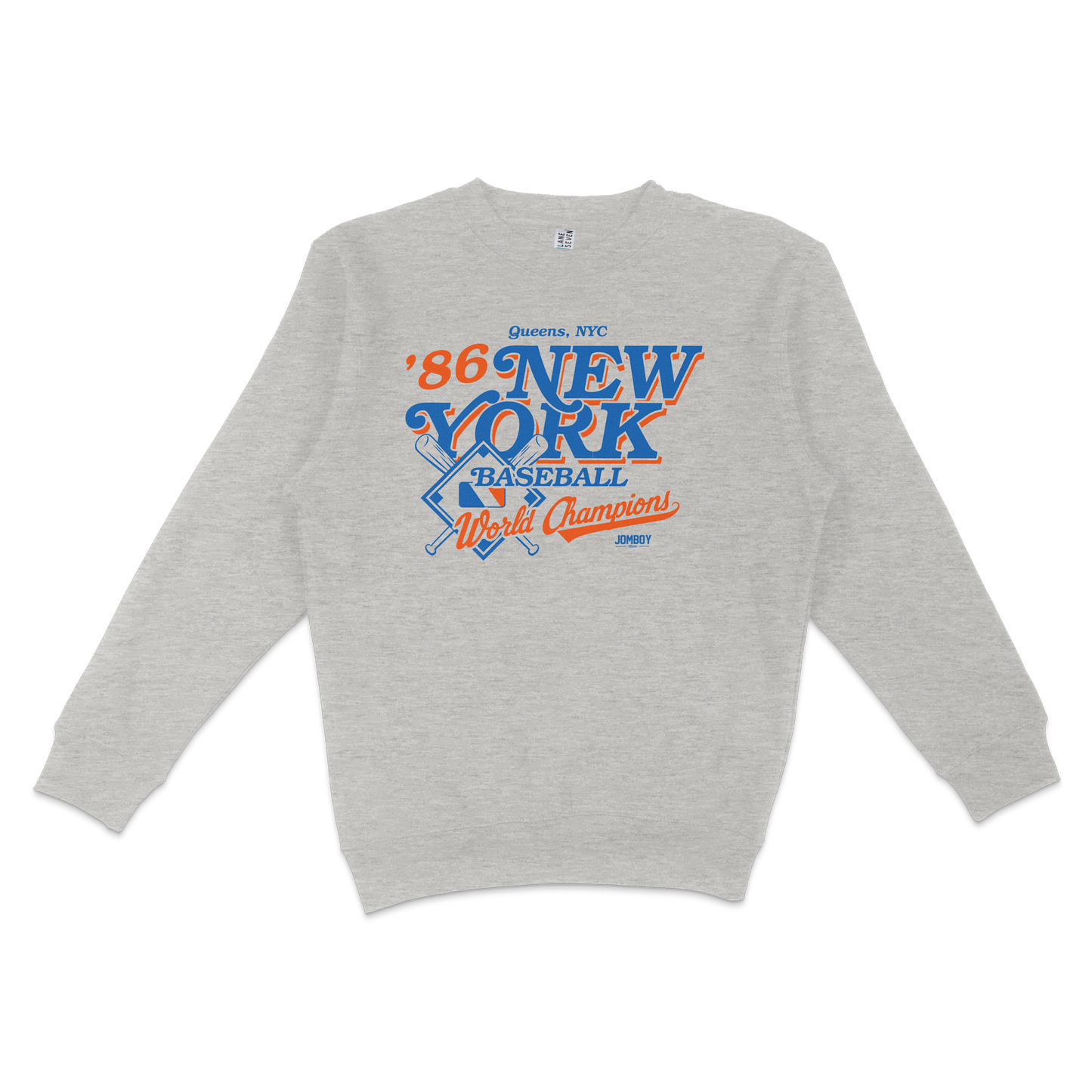 Gray crewneck sweatshirt featuring vintage-style blue and orange graphic text celebrating 1986 New York City baseball champions.