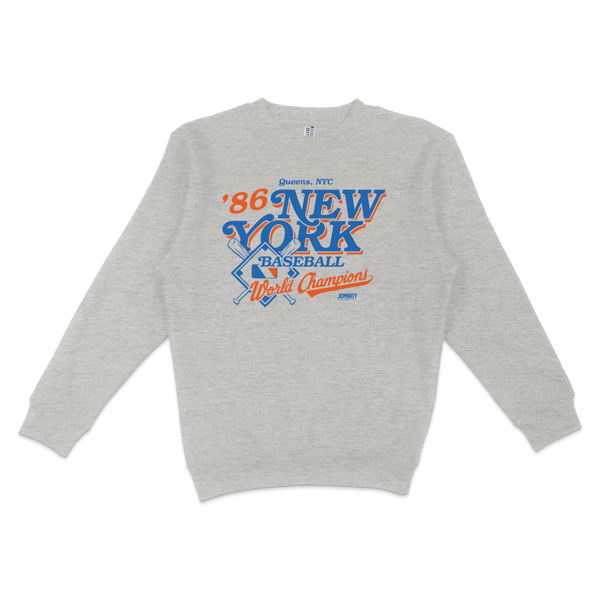 Gray crewneck sweatshirt featuring vintage-style blue and orange graphic text celebrating 1986 New York City baseball champions.