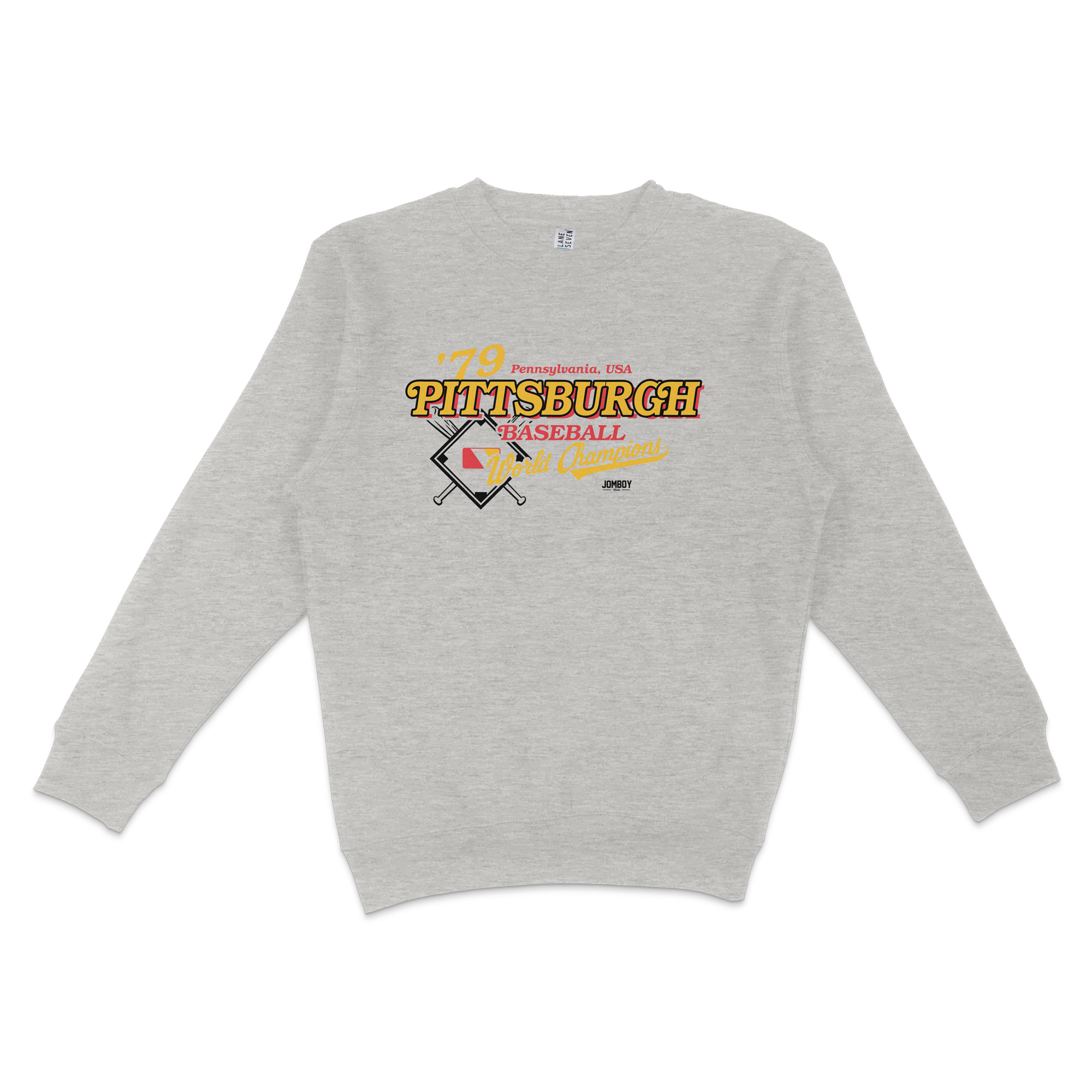 Gray crewneck sweatshirt featuring vintage-style Pittsburgh baseball team graphics, text, and colorful design elements.