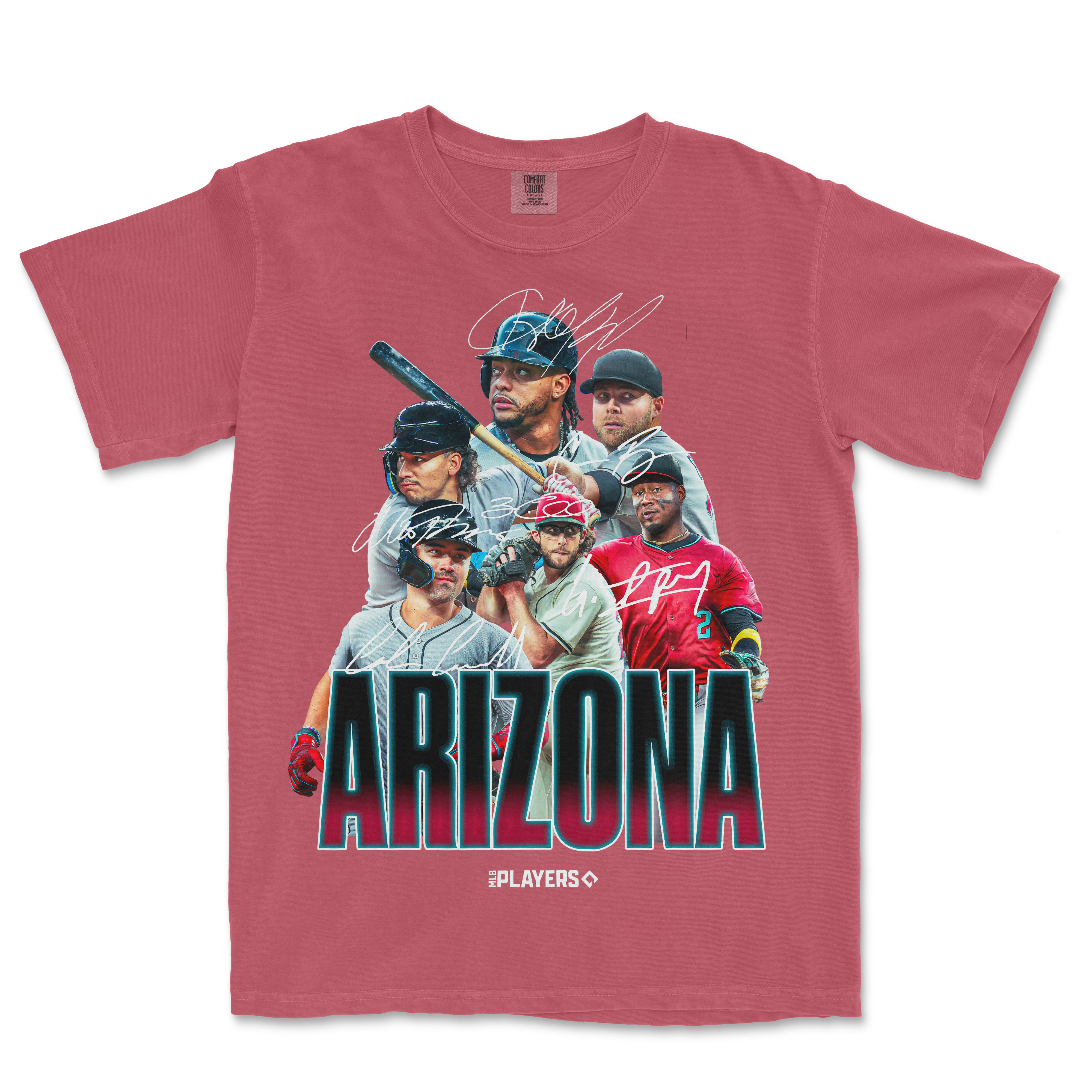 Pink Comfort Colors T-shirt featuring a graphic of Arizona baseball players with signatures and "ARIZONA" text.