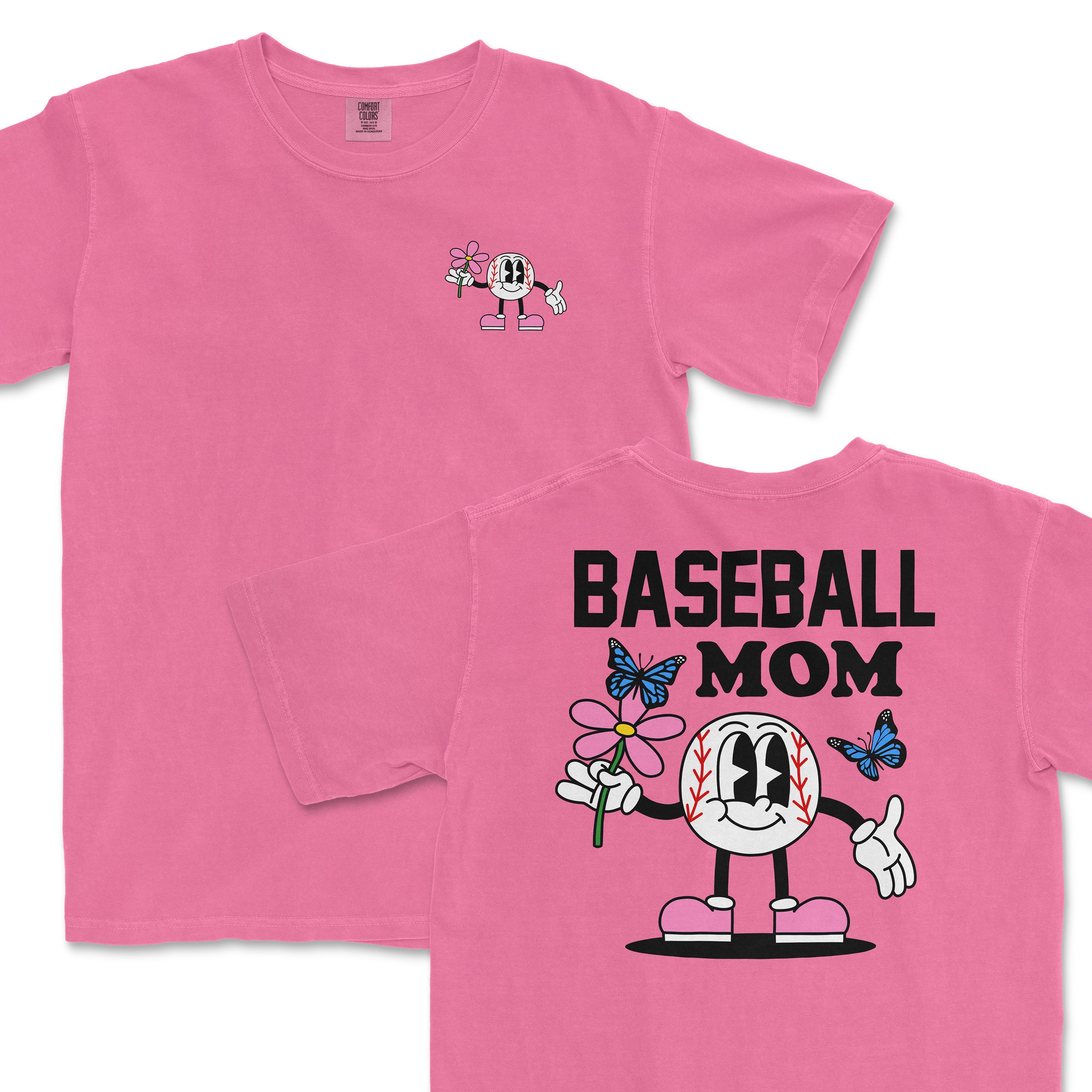 Pink Comfort Colors tee featuring a baseball-themed cartoon character holding a flower, with "Baseball Mom" text on the back.