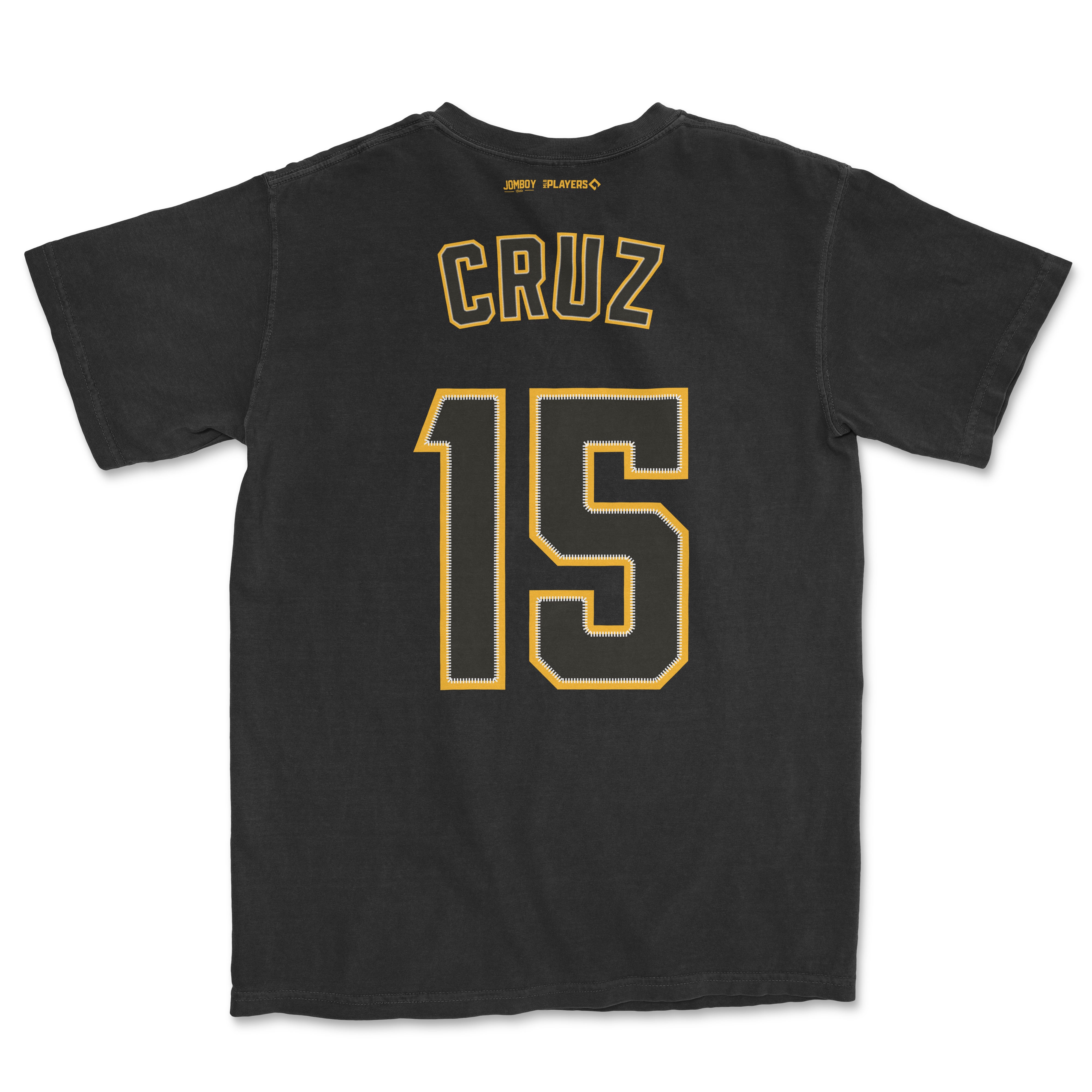 Black O'Neil Cruz baseball shirsey with "CRUZ" and number 15 in yellow and white outline on the back.