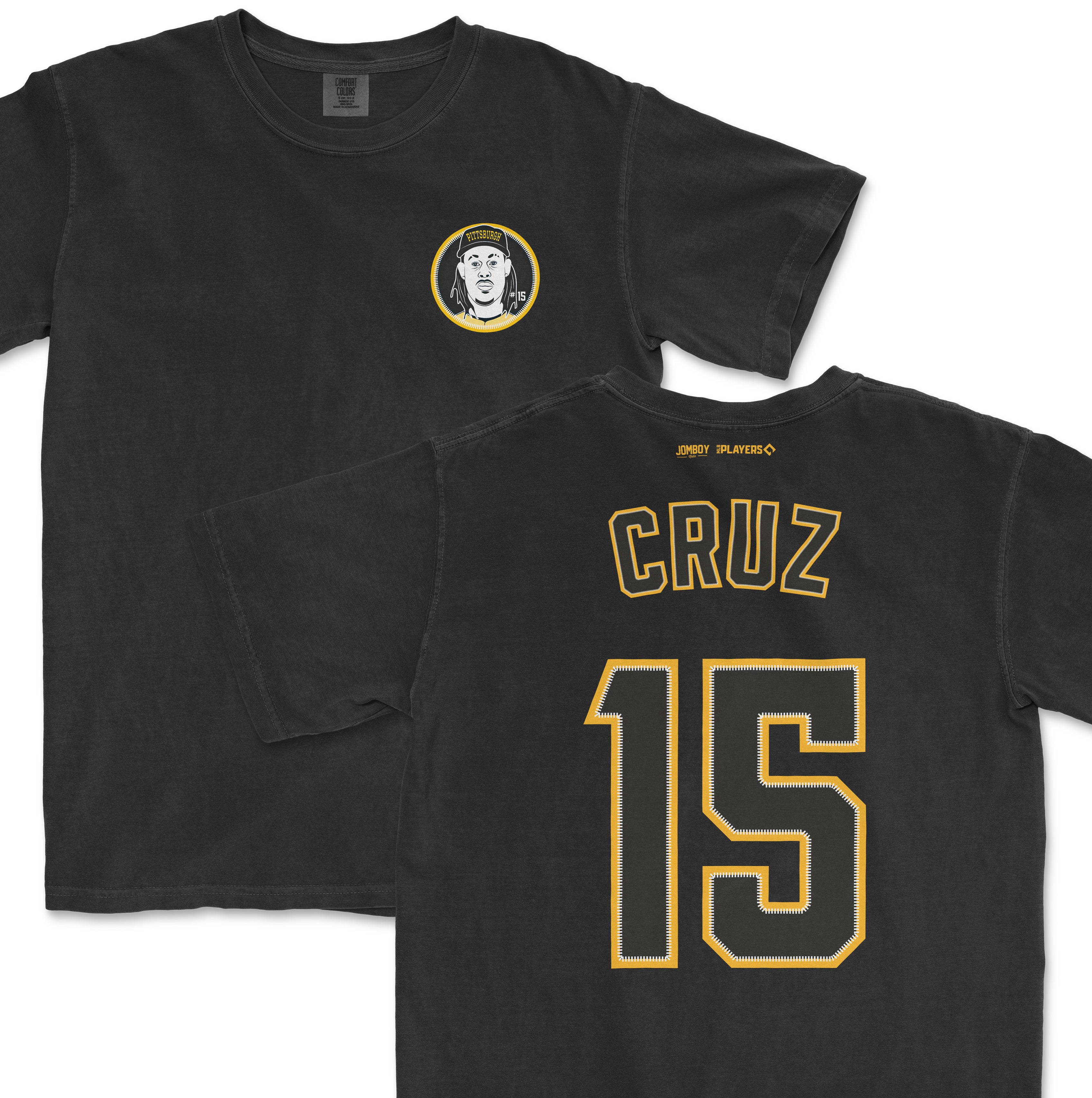 Black O'Neil Cruz shirsey with his name "CRUZ" and number "15" on the back, and a Pittsburgh Pirates logo on the front.