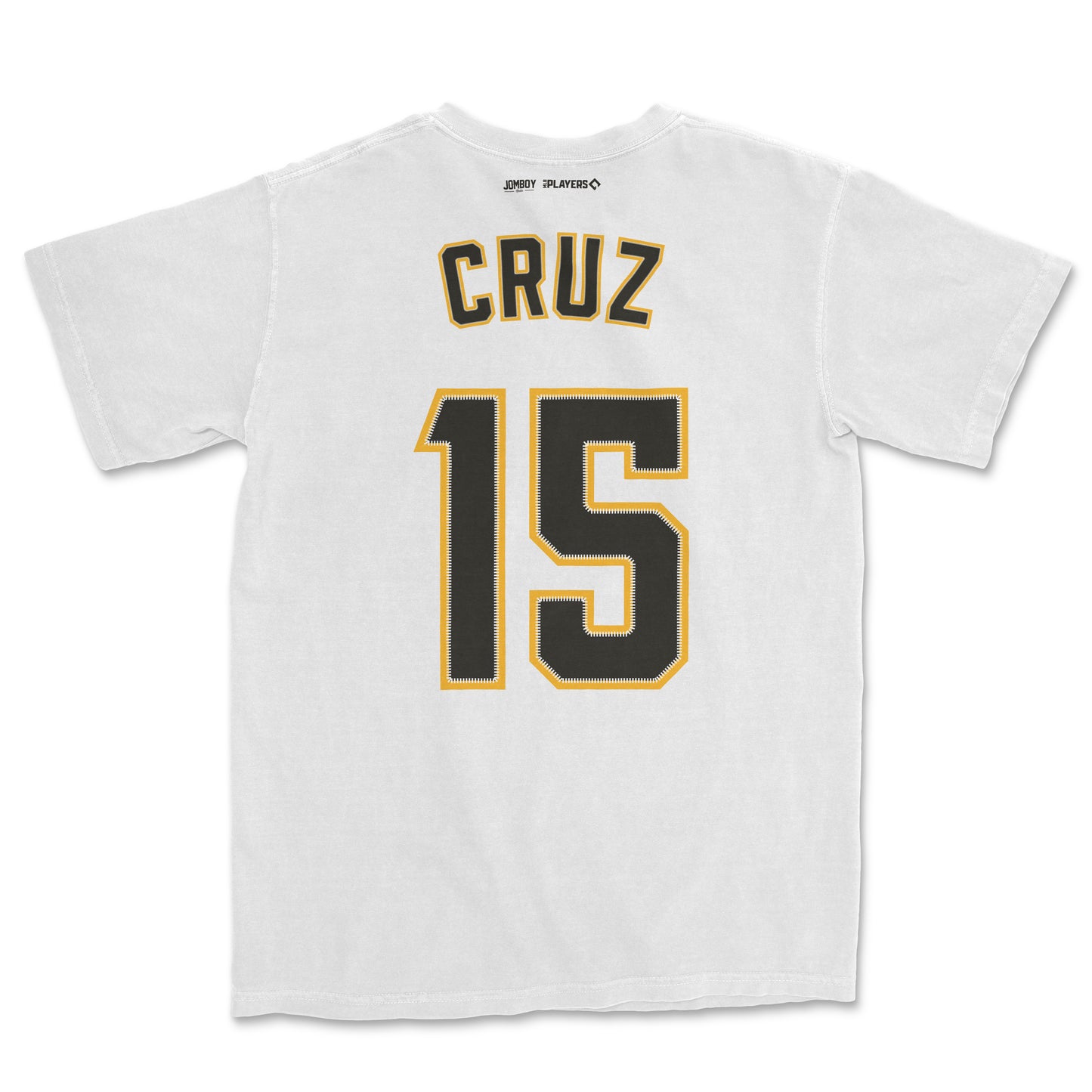 White baseball shirsey featuring "CRUZ" and the number "15" in black with gold outline on the back.