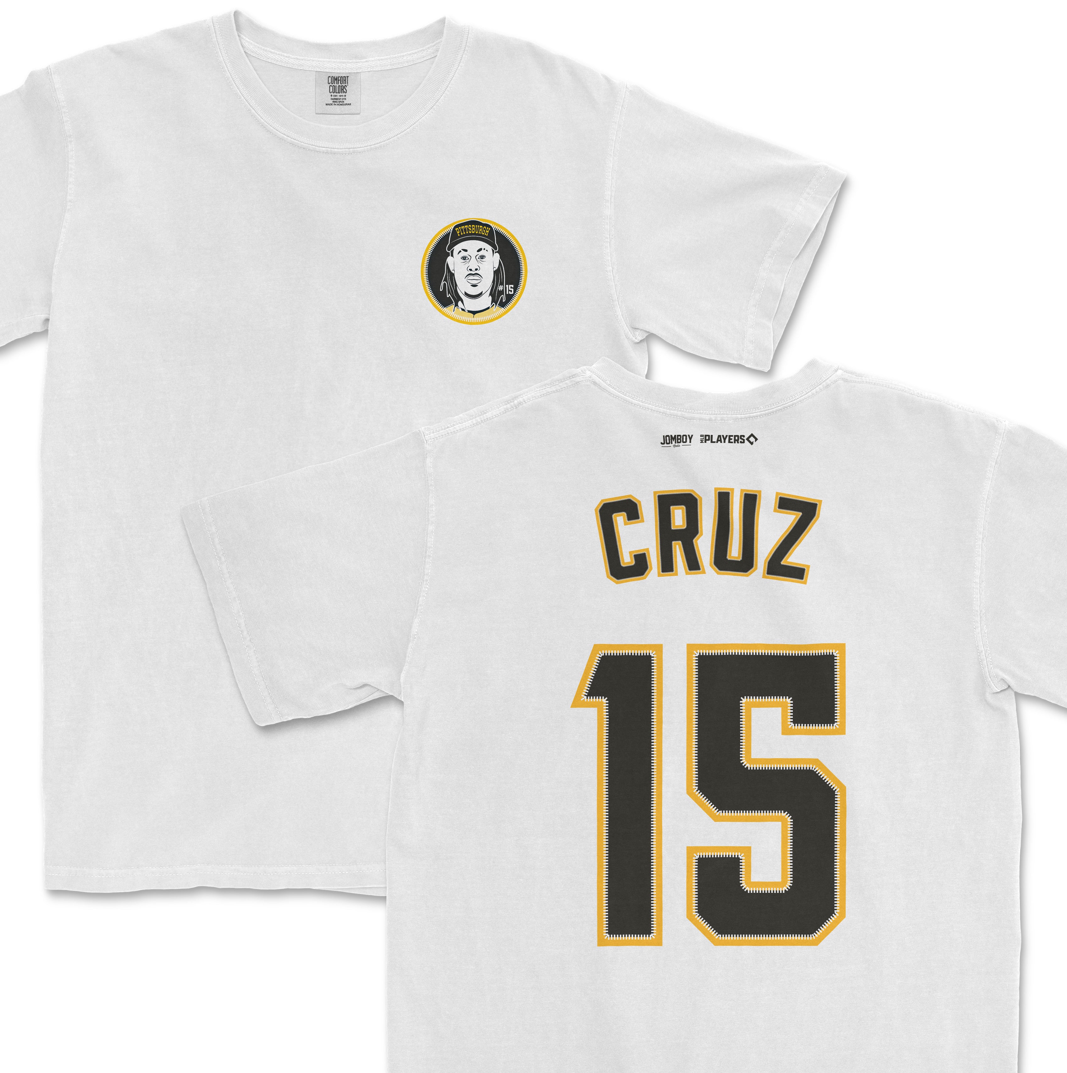 White baseball shirsey with "CRUZ" and number "15" in black and gold on the back, and a Pittsburgh Pirates logo on the front.