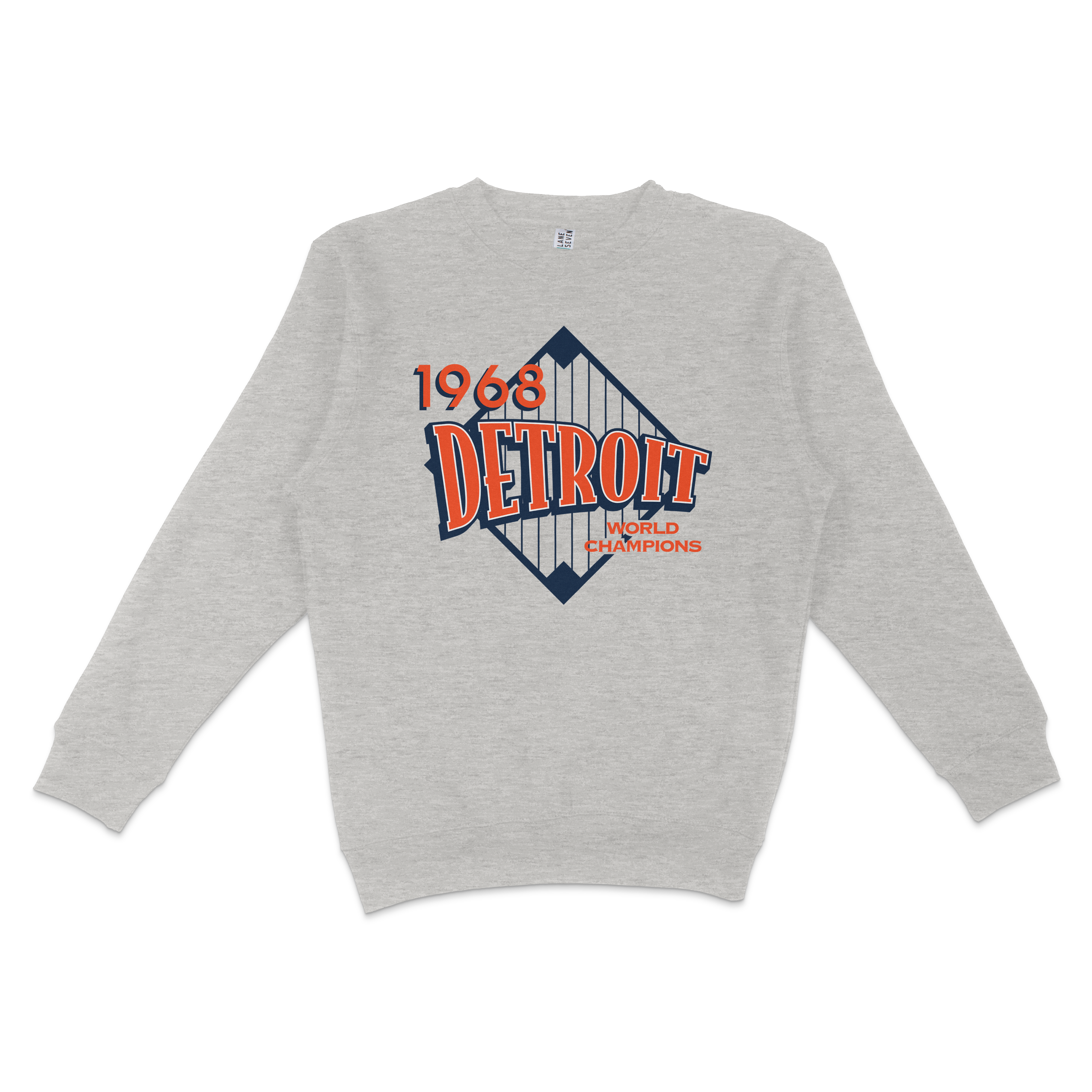 Gray crewneck sweatshirt featuring a vintage Detroit 1968 World Champions graphic with a diamond shape and bold red and navy text.