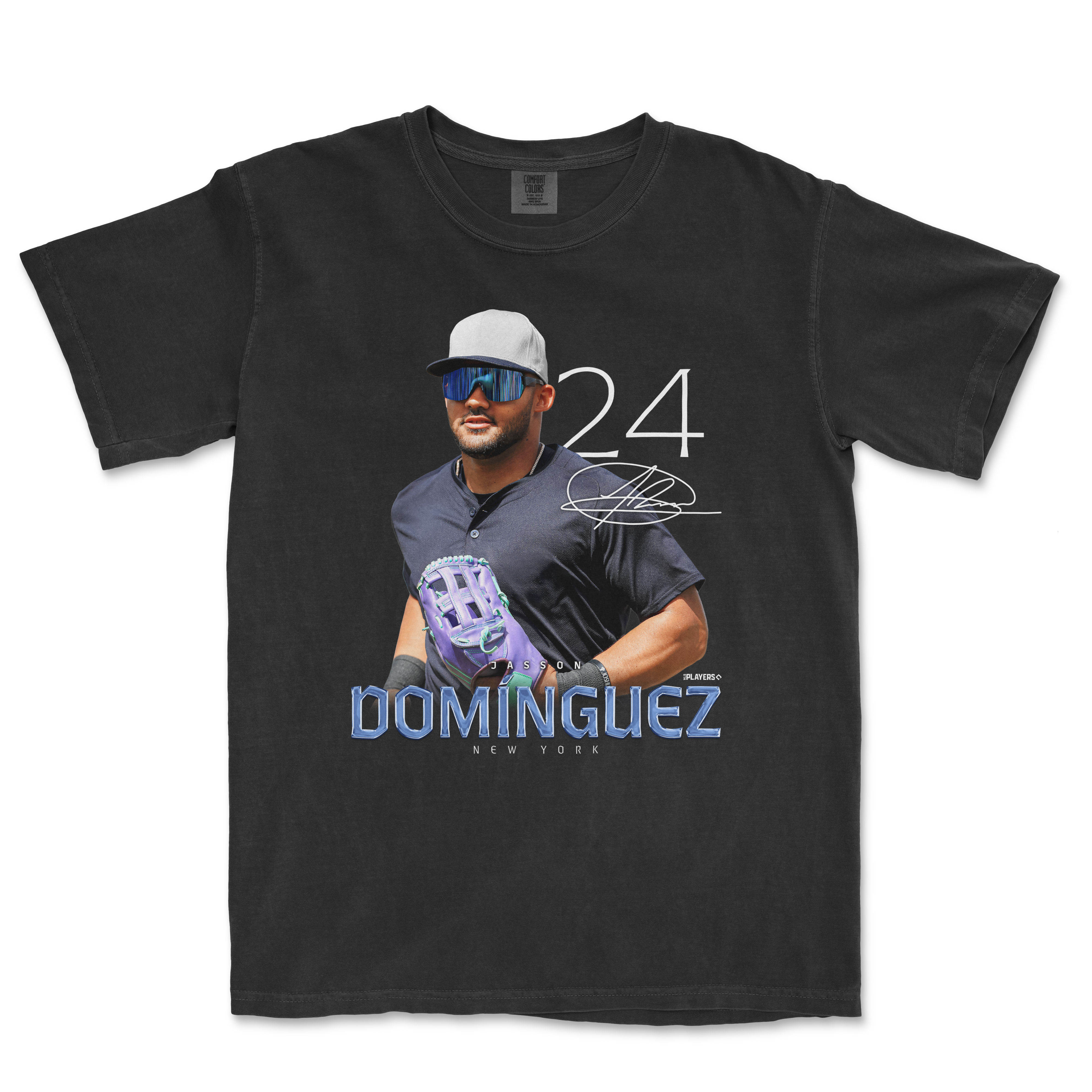 Jasson Dominguez Breakout Series t-shirt featuring a graphic of Dominguez in a New York uniform with his signature.