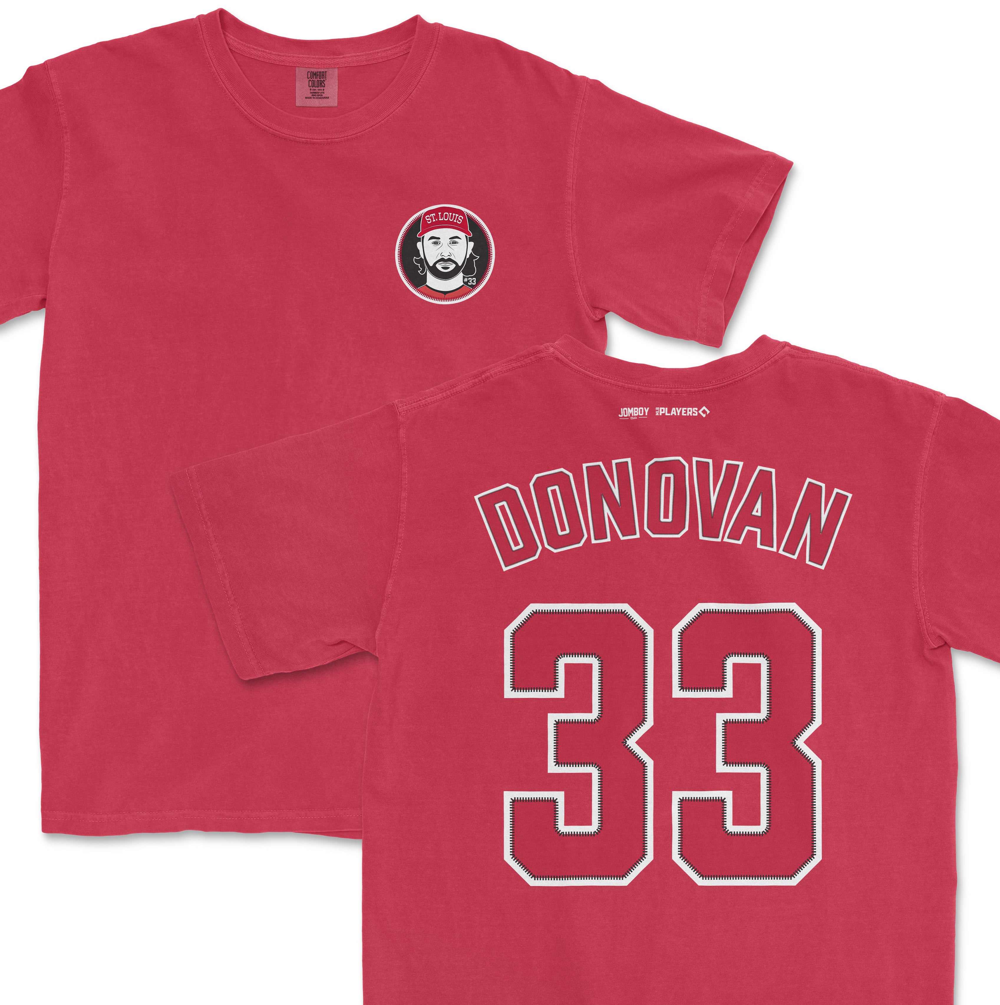 Red Comfort Colors tee featuring Brendan Donovan's name and number 33 on the back, with a St. Louis-themed graphic on the front.