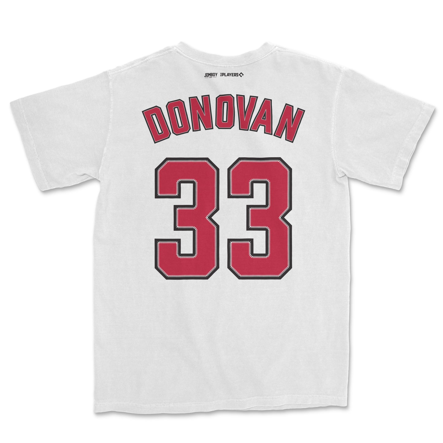 White Comfort Colors tee featuring "Donovan" and the number "33" in red and black varsity-style lettering.