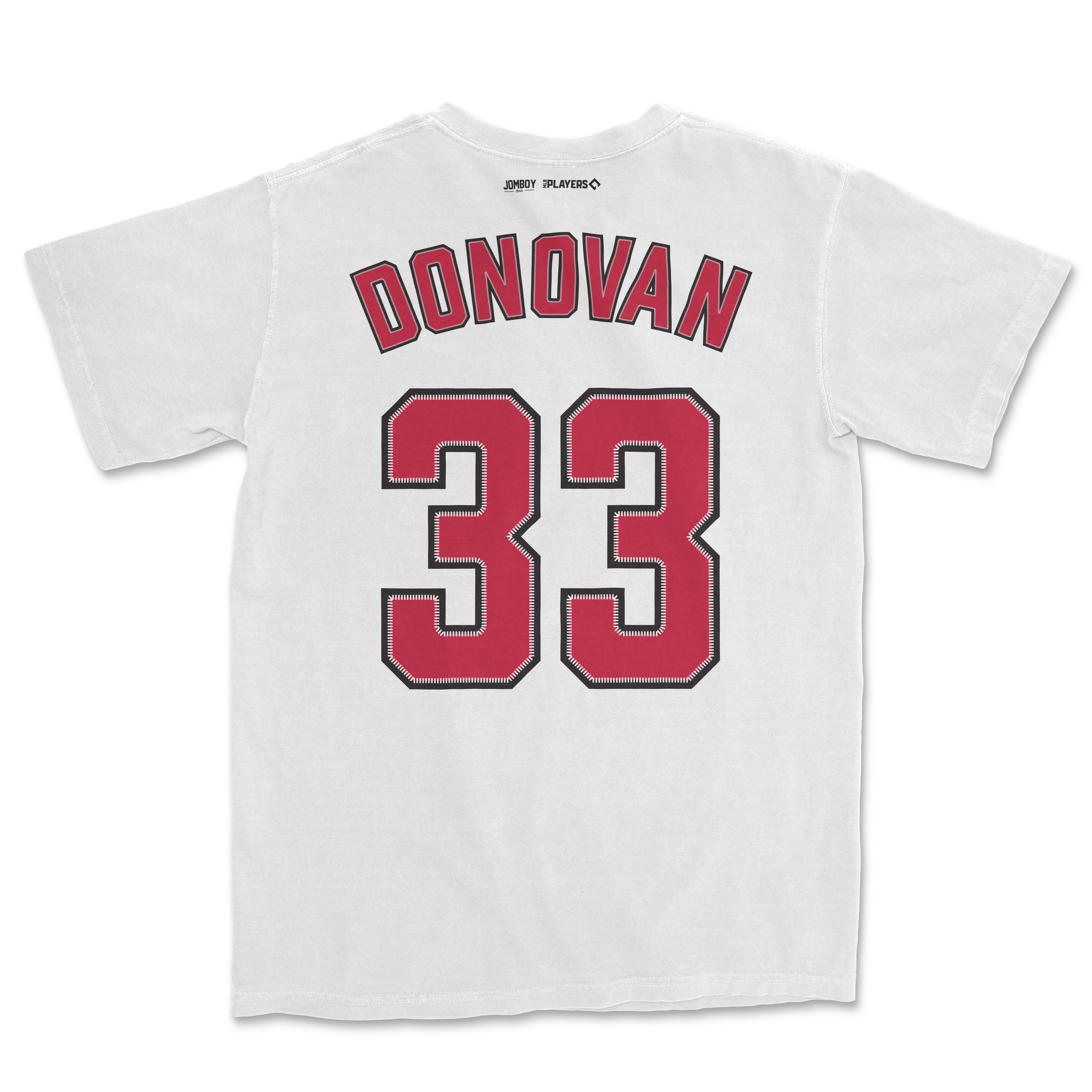White Comfort Colors tee featuring "Donovan" and the number "33" in red and black varsity-style lettering.