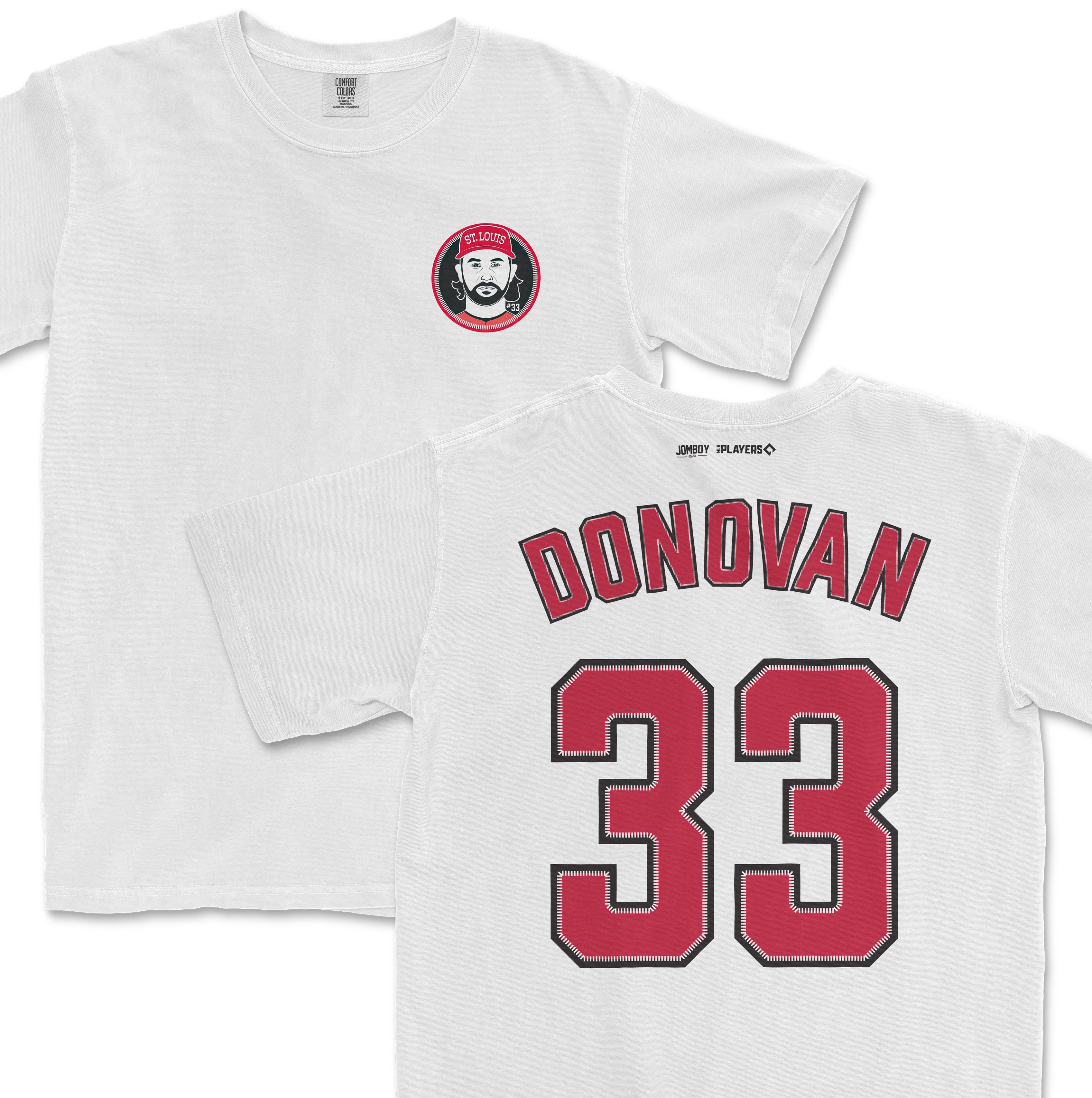 White Comfort Colors T-shirt featuring a Brendan Donovan St. Louis baseball team logo on the front and "DONOVAN 33" in large red and black lettering on the back.