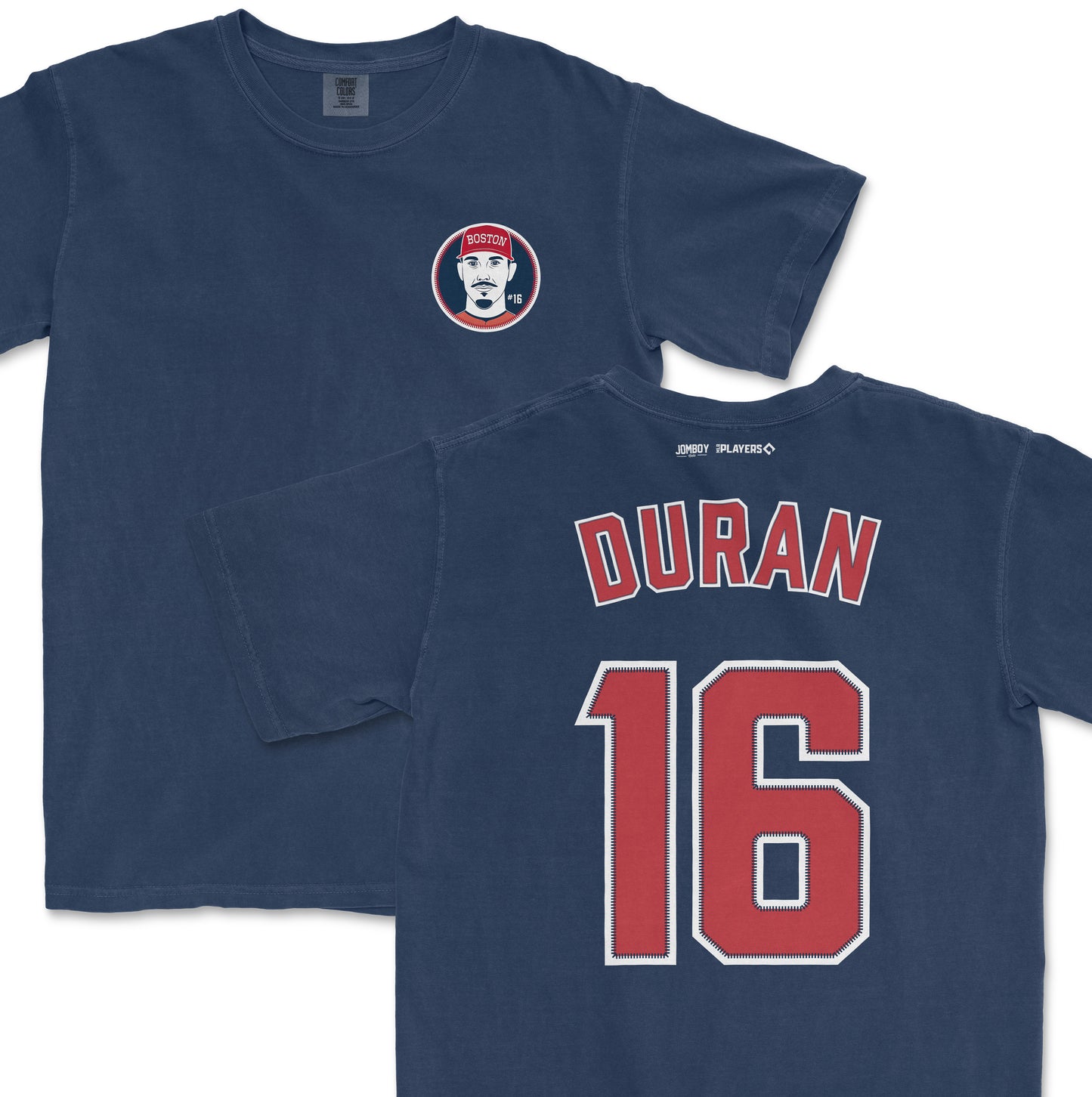 Blue Comfort Colors tee featuring Jarren Duran's name, number 16, and a Boston-themed graphic on the front.