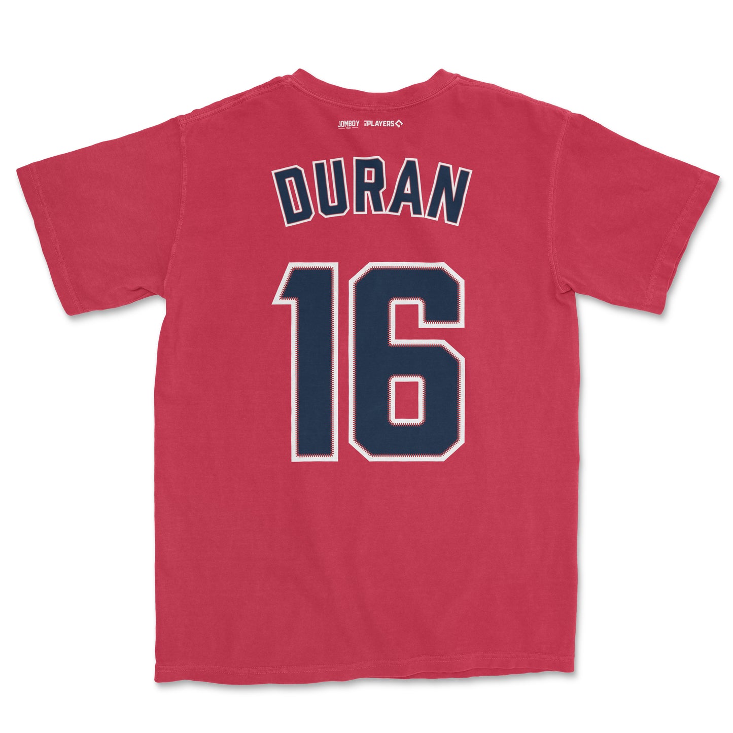 Back of a red Comfort Colors tee featuring "DURAN" and the number "16" in navy blue with white and red accents.