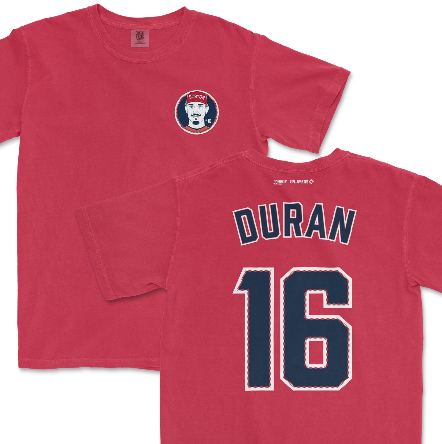 Red Comfort Colors tee featuring Jarren Duran's name and number 16 on the back, with a Boston-themed graphic on the front.