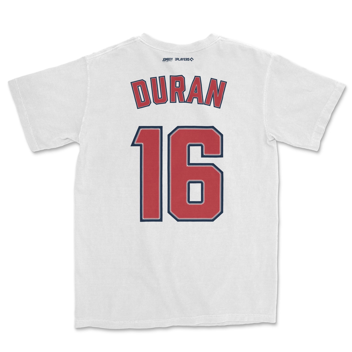 White Comfort Colors T-shirt featuring "DURAN 16" in red and navy lettering, with small sponsor logos above the name.