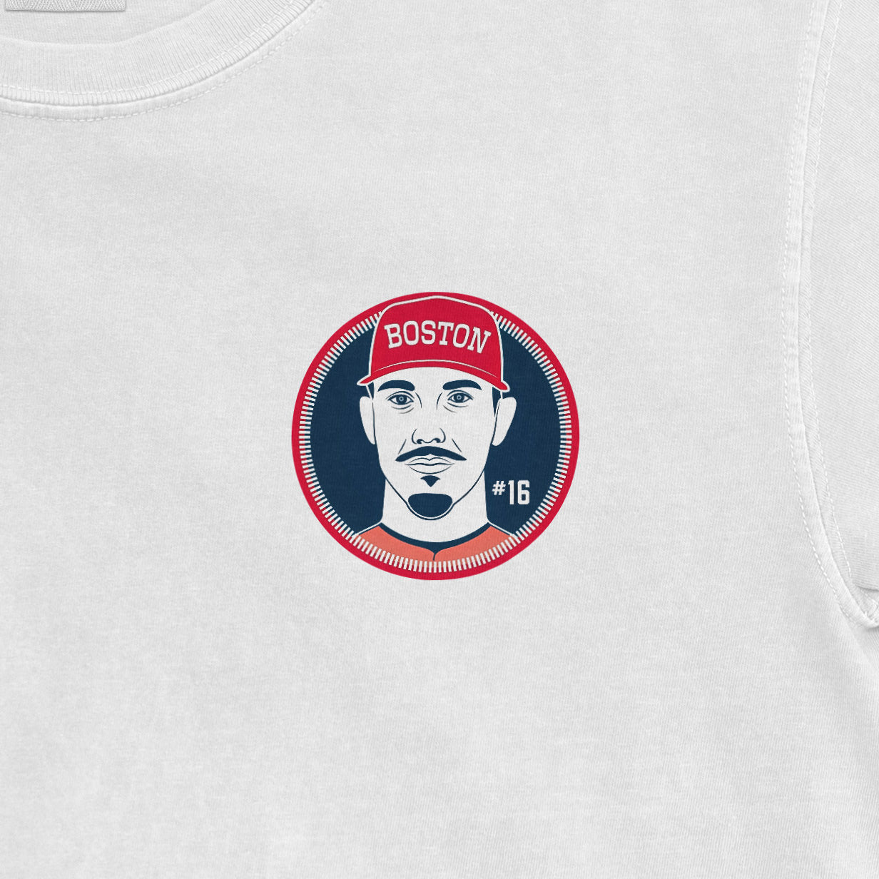 White Comfort Colors tee featuring a Boston-themed graphic of Jarren Duran with a red cap, #16, and a mustache.