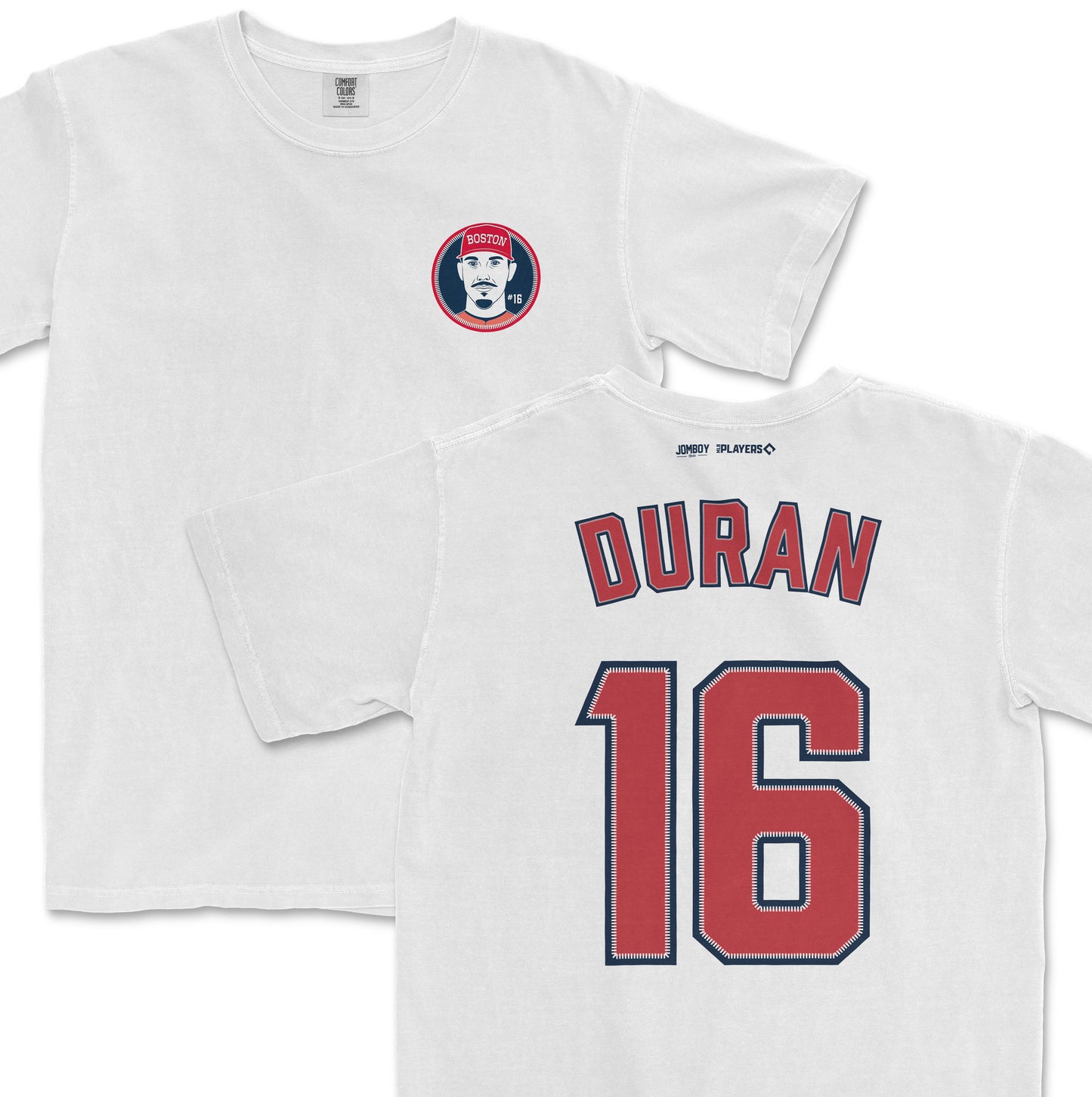 White Comfort Colors tee featuring Jarren Duran's name and number 16 on the back, with a Boston-themed graphic on the front.
