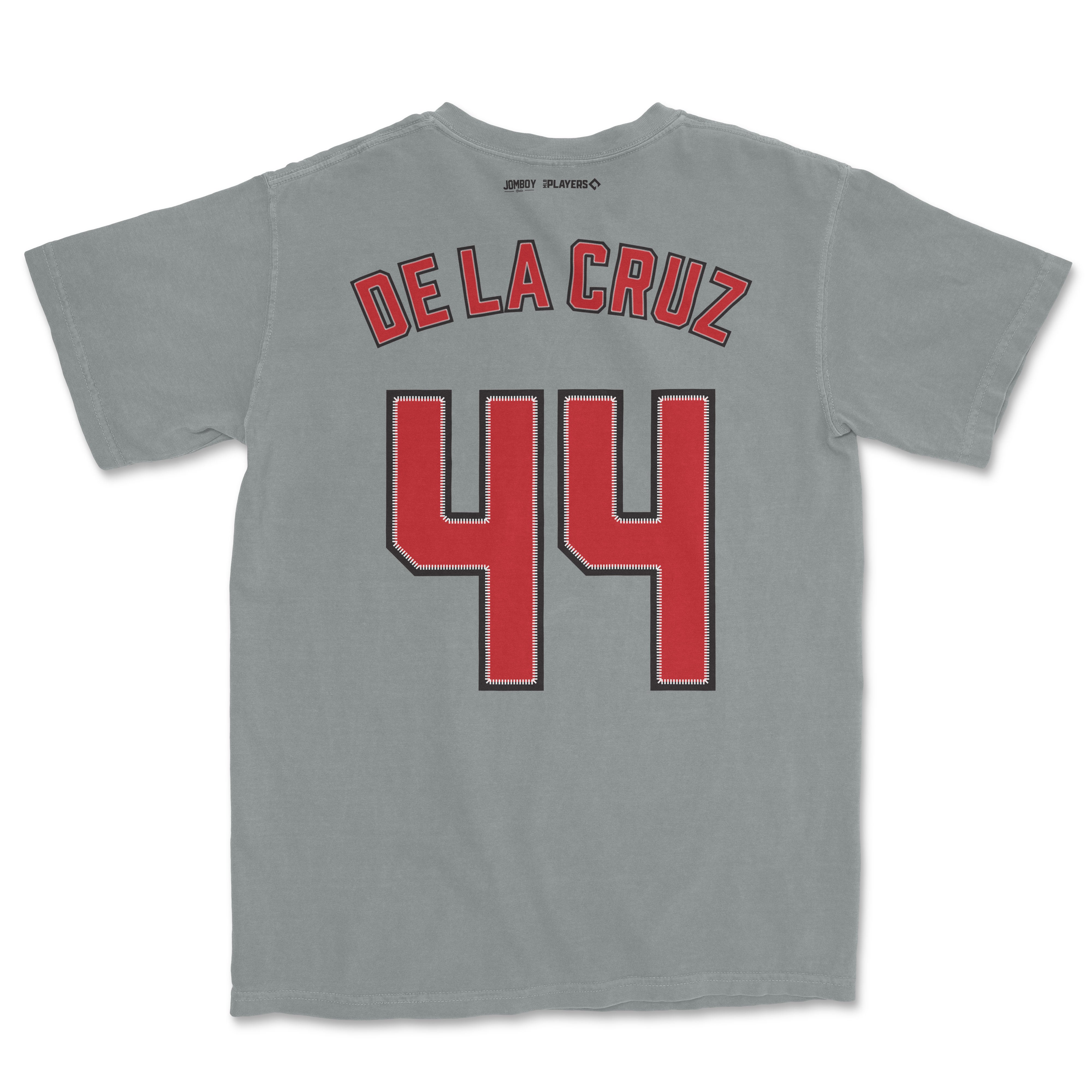Gray Comfort Colors T-shirt featuring "De La Cruz" and the number 44 in red and black lettering on the back.