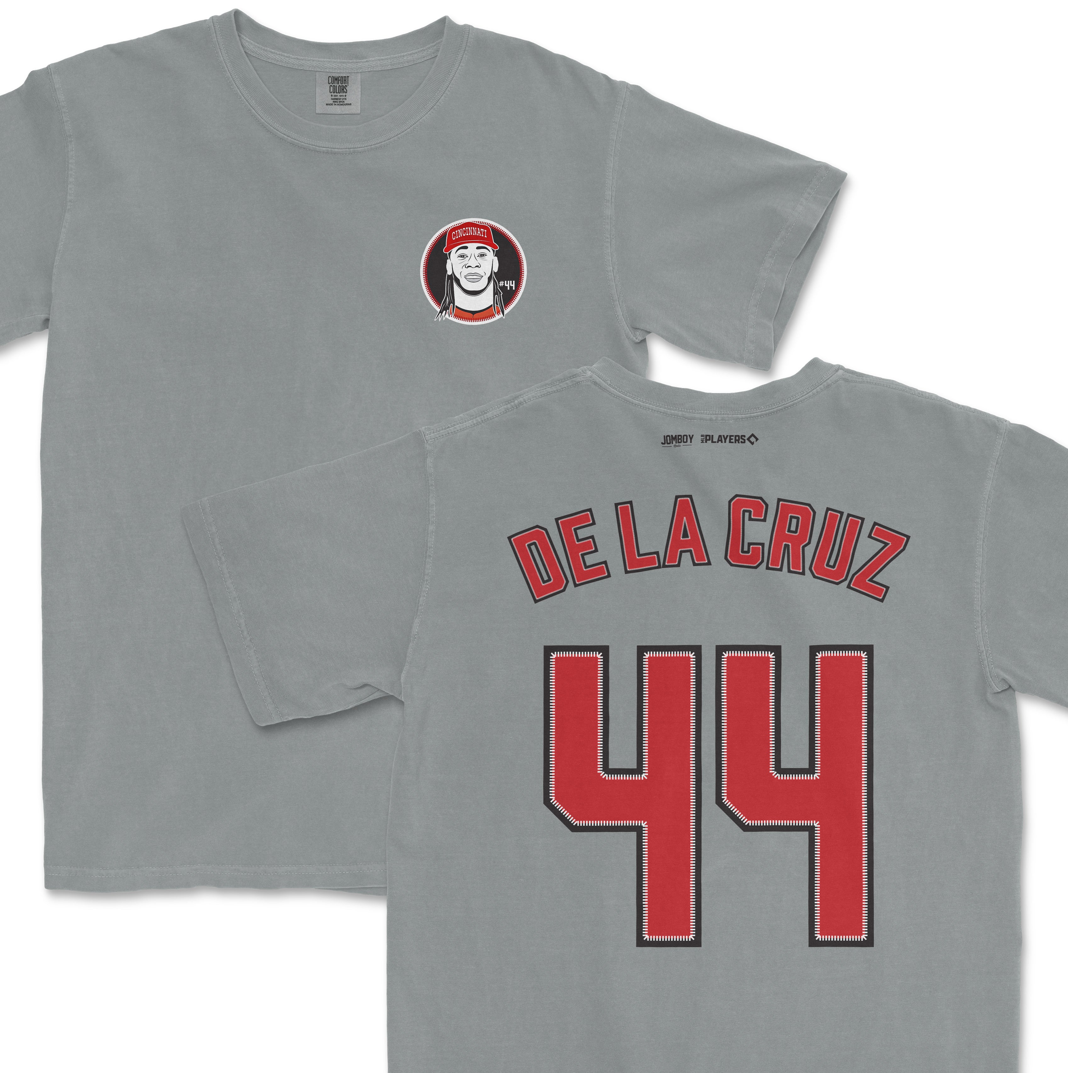 Gray Comfort Colors T-shirt featuring Elly De La Cruz's name, number 44, and Cincinnati logo on the front.