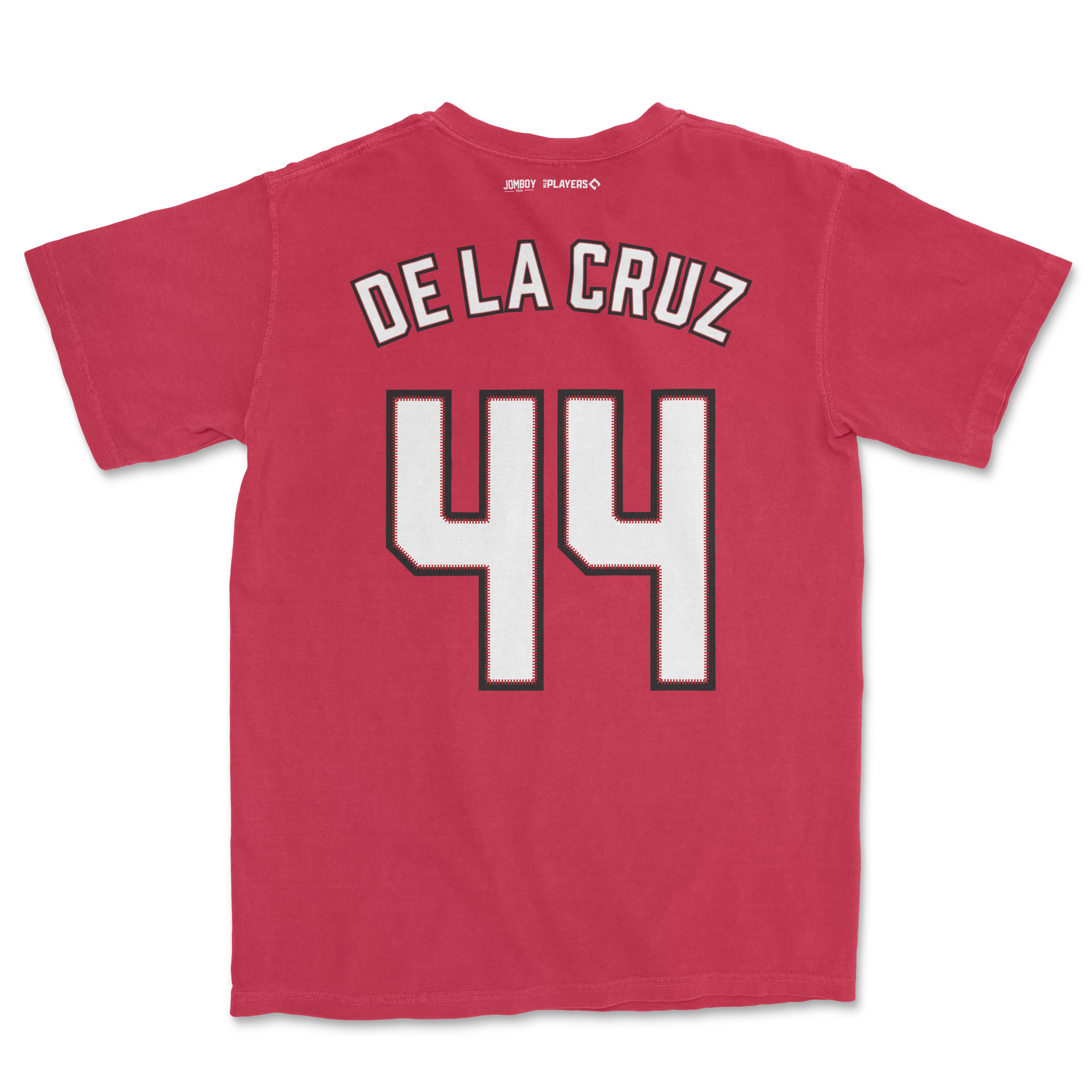 Red Comfort Colors T-shirt featuring "De La Cruz" and the number 44 printed on the back in bold white with black outline.