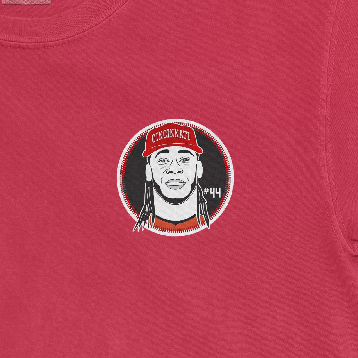 Comfort Colors tee featuring a graphic of Elly De La Cruz wearing a Cincinnati cap, with "#44" on a red background.