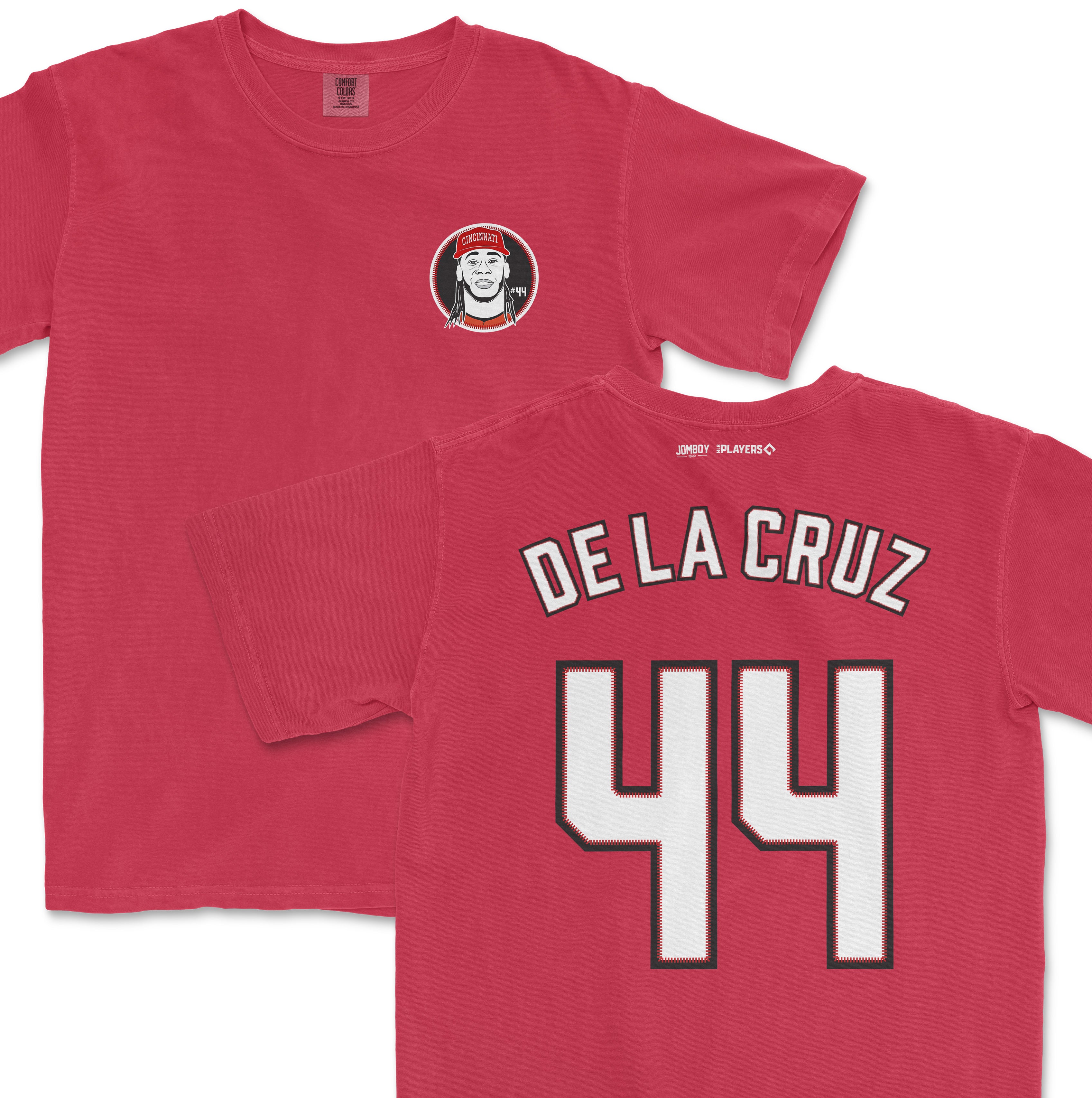 Red Comfort Colors tee featuring Elly De La Cruz's name, number 44, and Cincinnati team logo on the front and back.