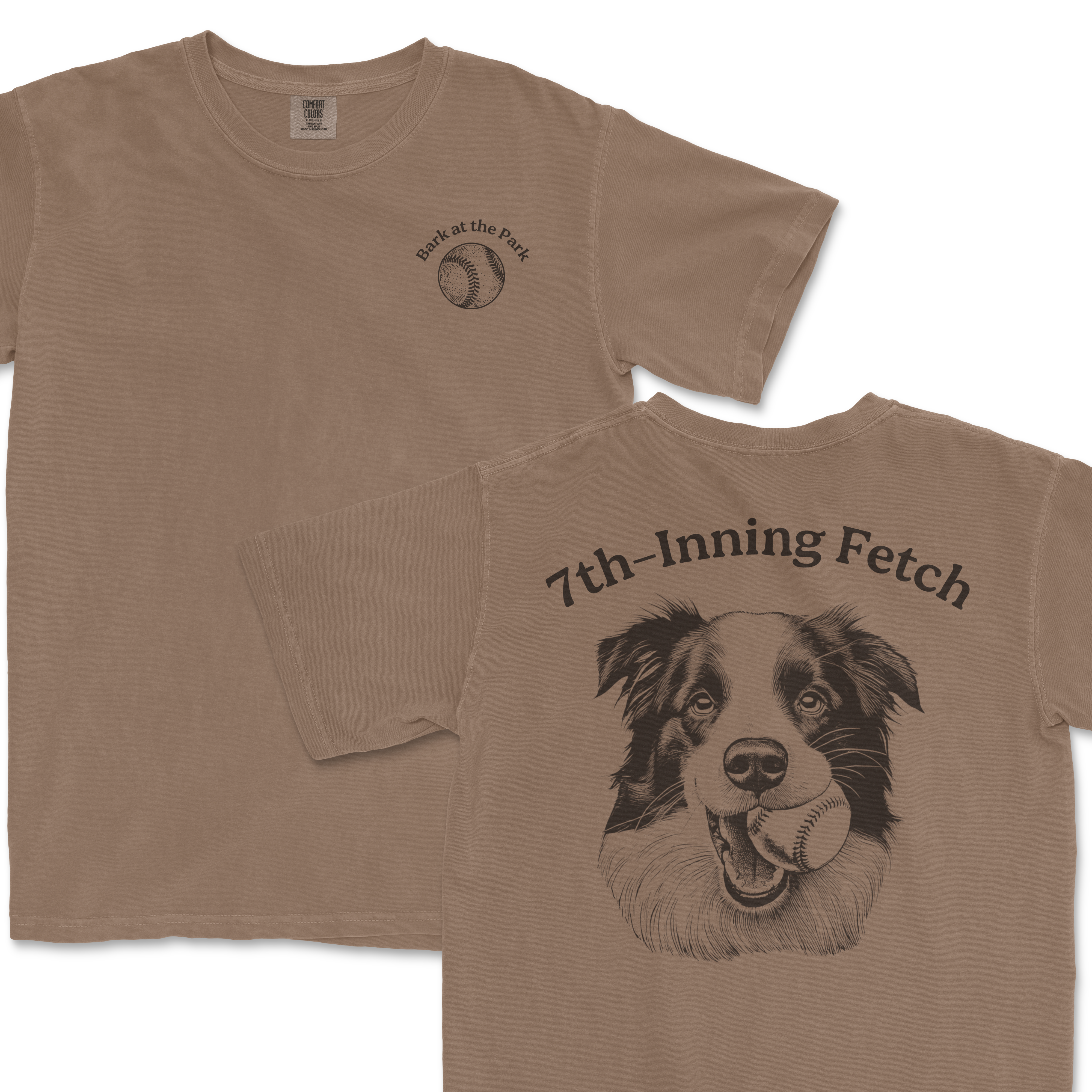 Beige Comfort Colors T-shirt featuring a dog with a baseball in its mouth and "7th-Inning Fetch" text on the back, and a baseball graphic with "Bark at the Park" on the front.