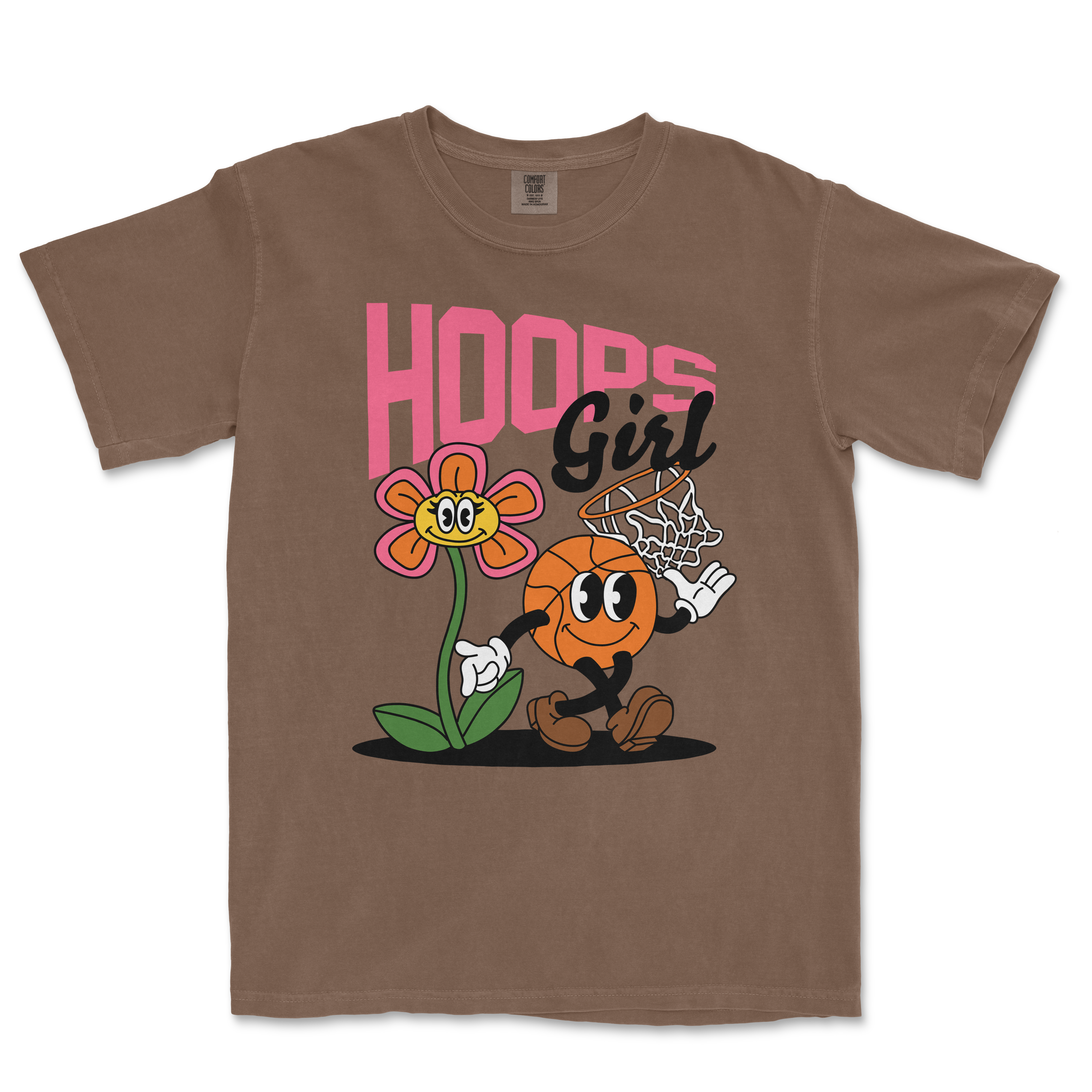 Comfort Colors tee featuring a cartoon basketball character playing basketball, with a flower and the text "Hoops Girl".