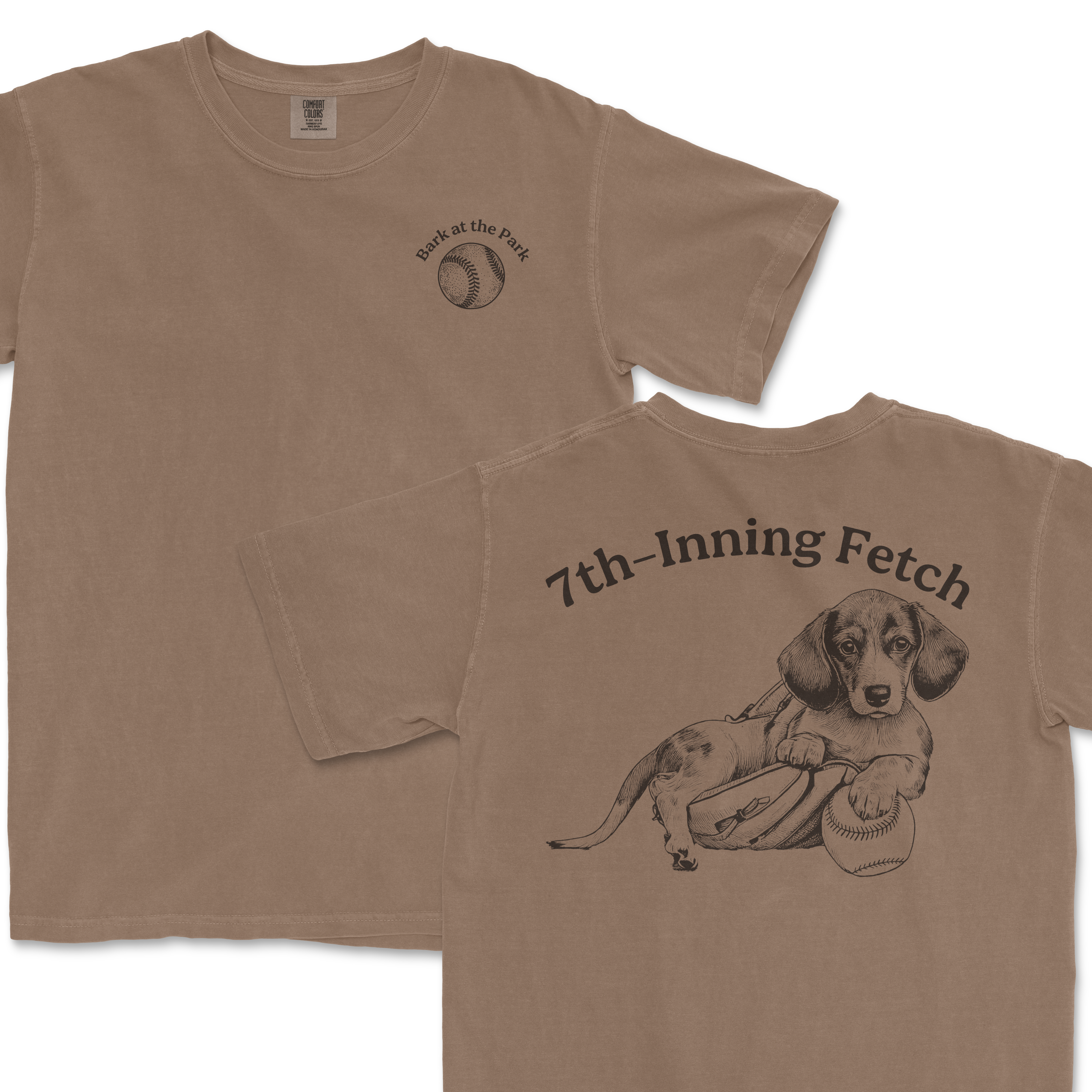 Beige Comfort Colors T-shirt featuring a dachshund with a baseball glove and ball, and "7th-Inning Fetch" text on the back.