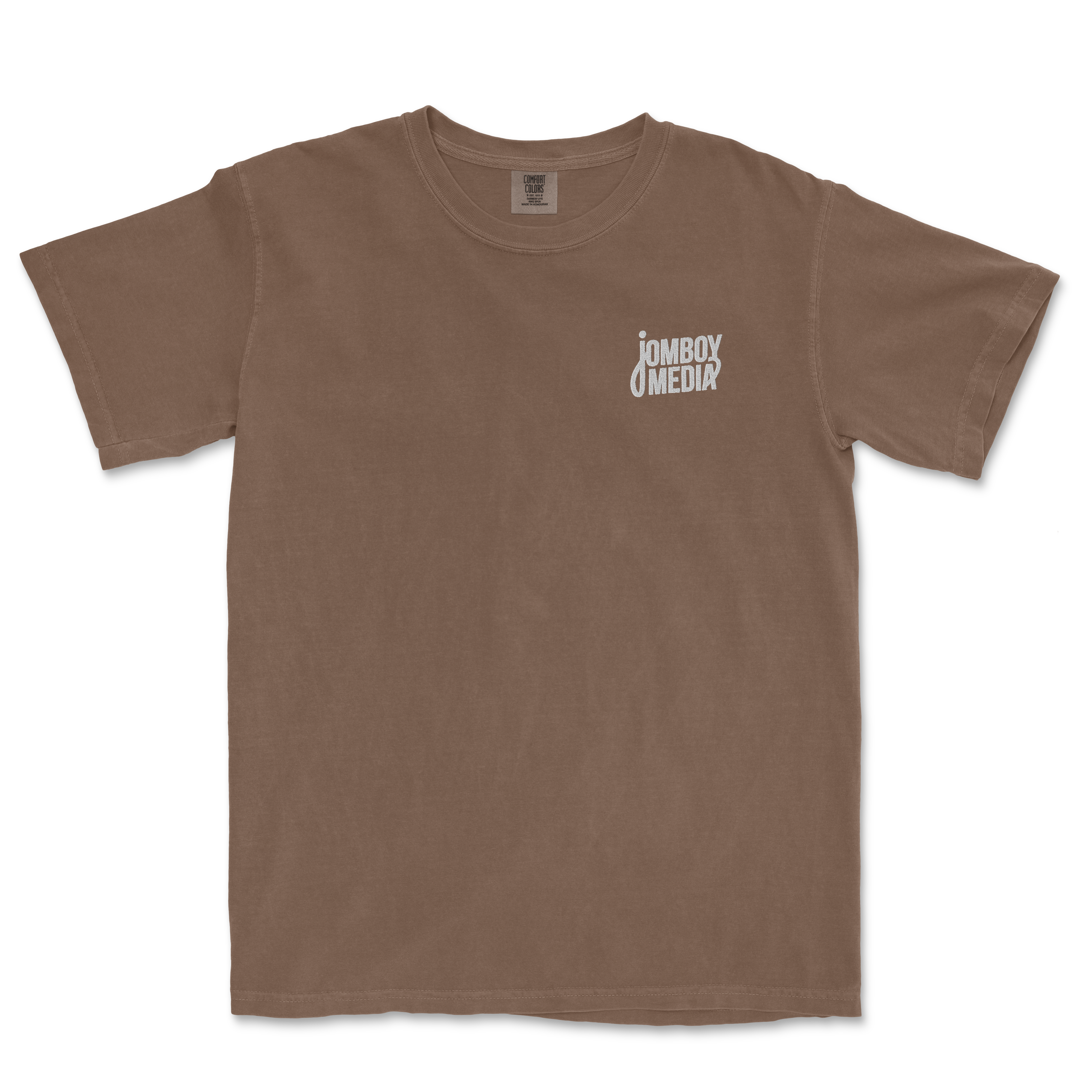 Brown JM Essentials '25 Embroidered Tee featuring Jomboy Media logo on the front, perfect for sports fans.