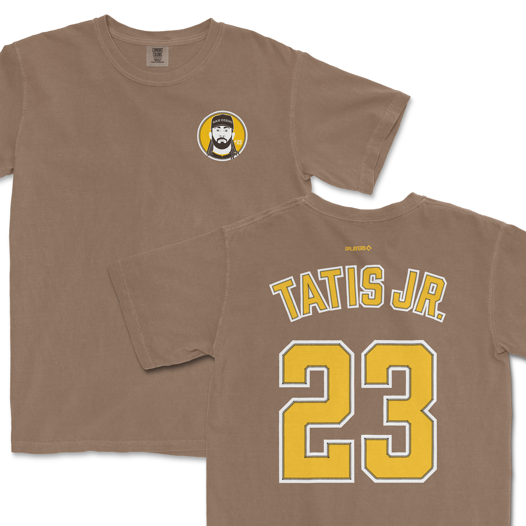Fernando Tatis Jr. Shirsey featuring a front logo and back name and number design in yellow on a brown shirt.