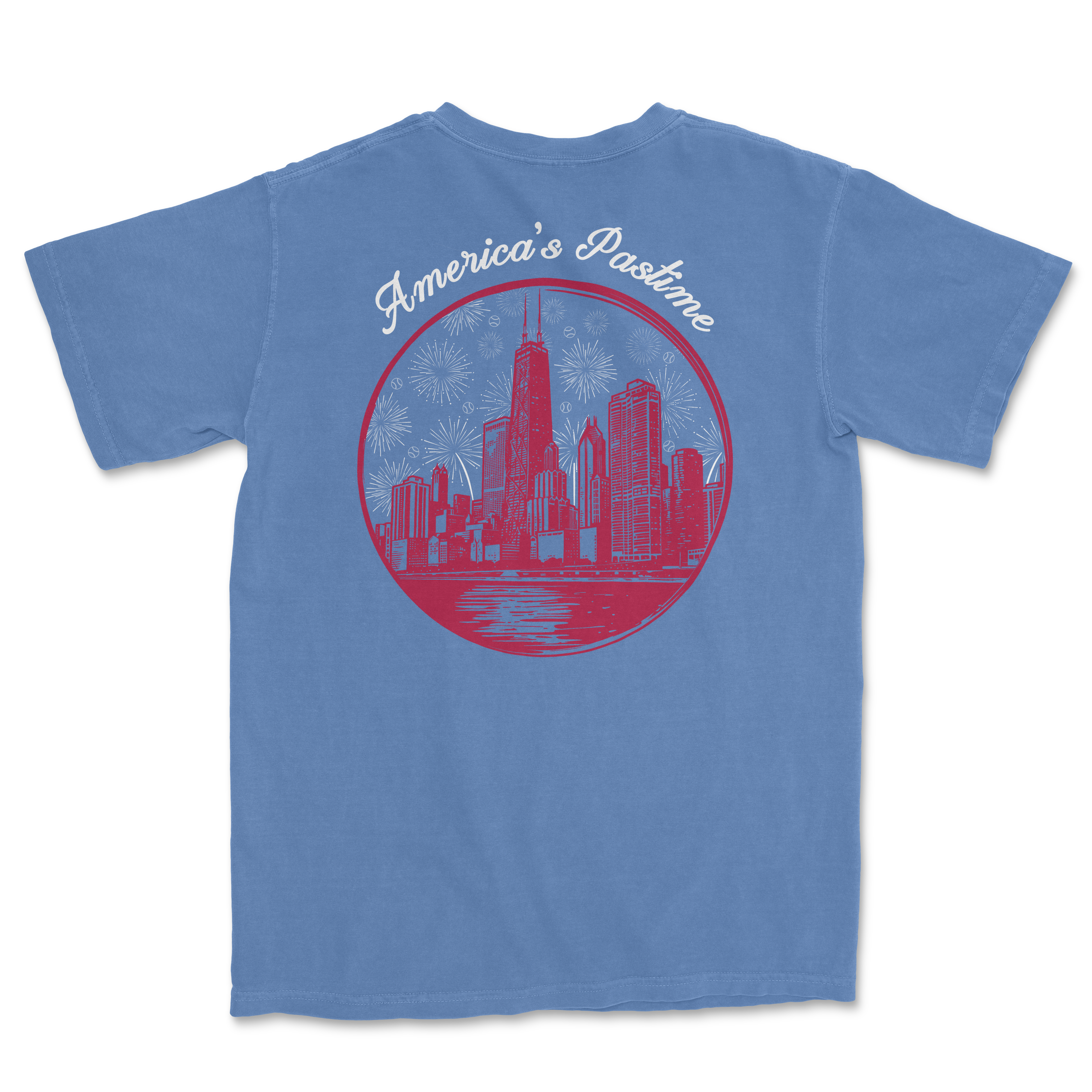 Blue t-shirt featuring a graphic of a city skyline with fireworks and the text "America's Pastime" in a circular design.