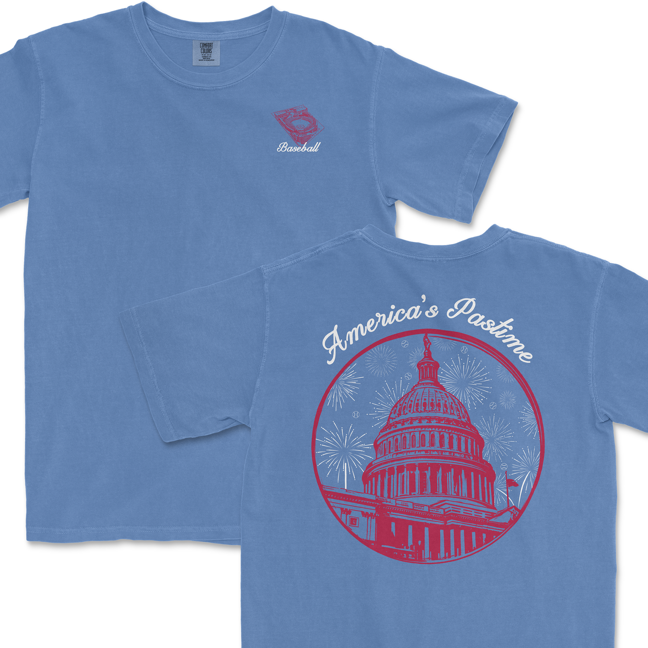 Light blue t-shirt featuring a baseball graphic and "America's Pastime" text with the Capitol building design on the back.