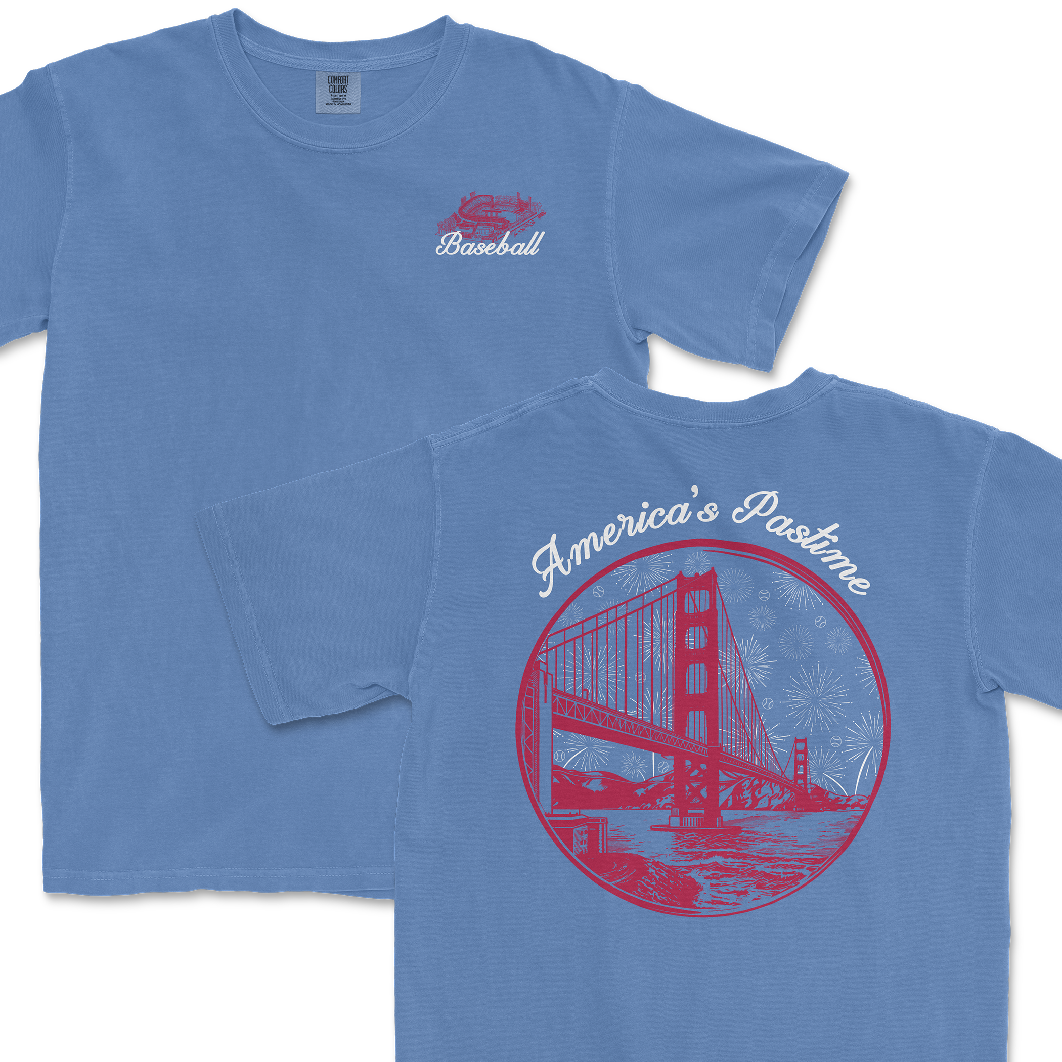 Light blue t-shirt featuring a graphic of the Golden Gate Bridge and the text "America's Pastime" on the back.