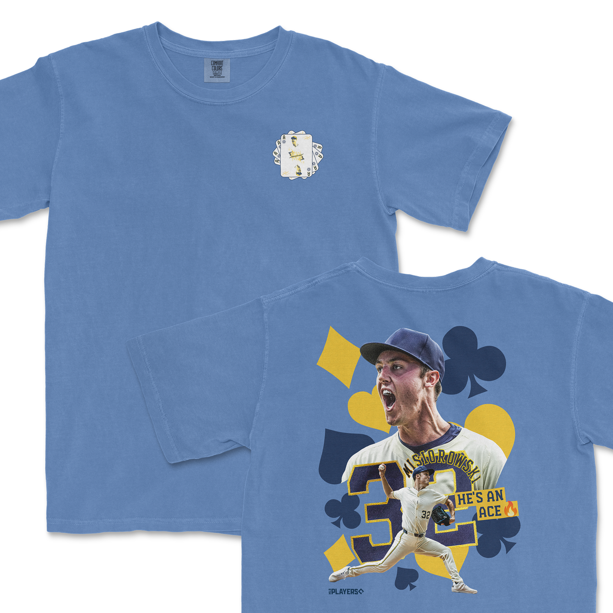 Light blue t-shirt featuring Jacob Misiorowski with "He's An Ace" graphic and playful design elements on the back.