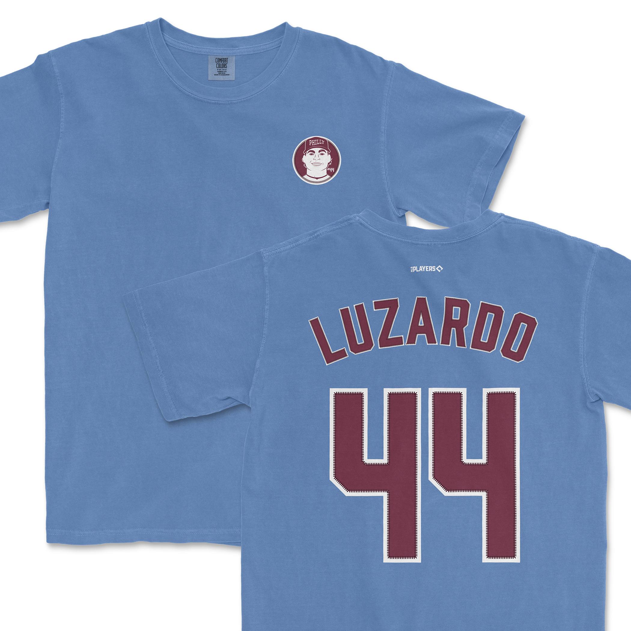 Light blue Jesús Luzardo shirsey featuring a front logo and the name and number 44 on the back. Perfect for fans.
