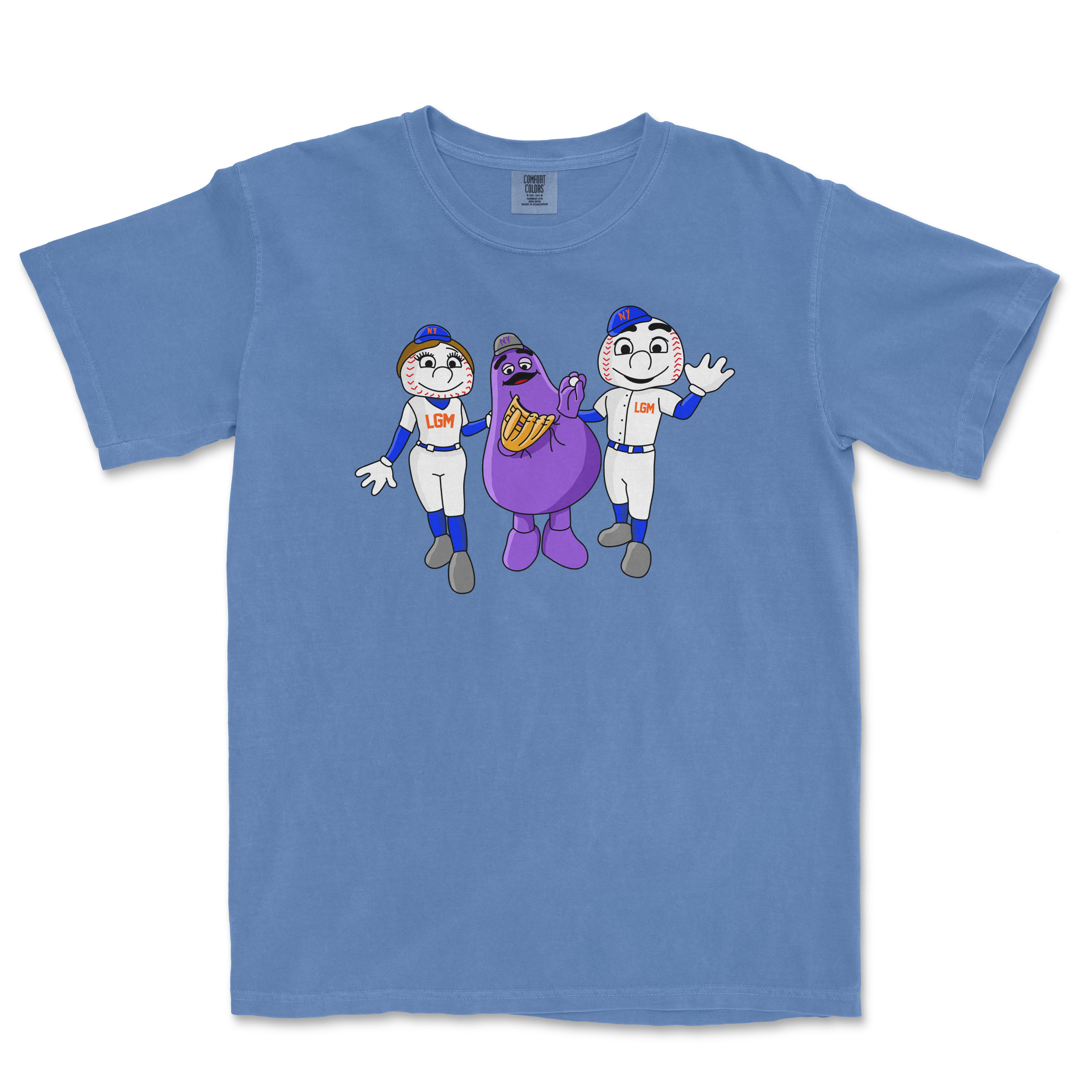 Blue Comfort Colors T-shirt featuring cartoon baseball characters and a purple mascot with "NYM AND FRIENDS" design.
