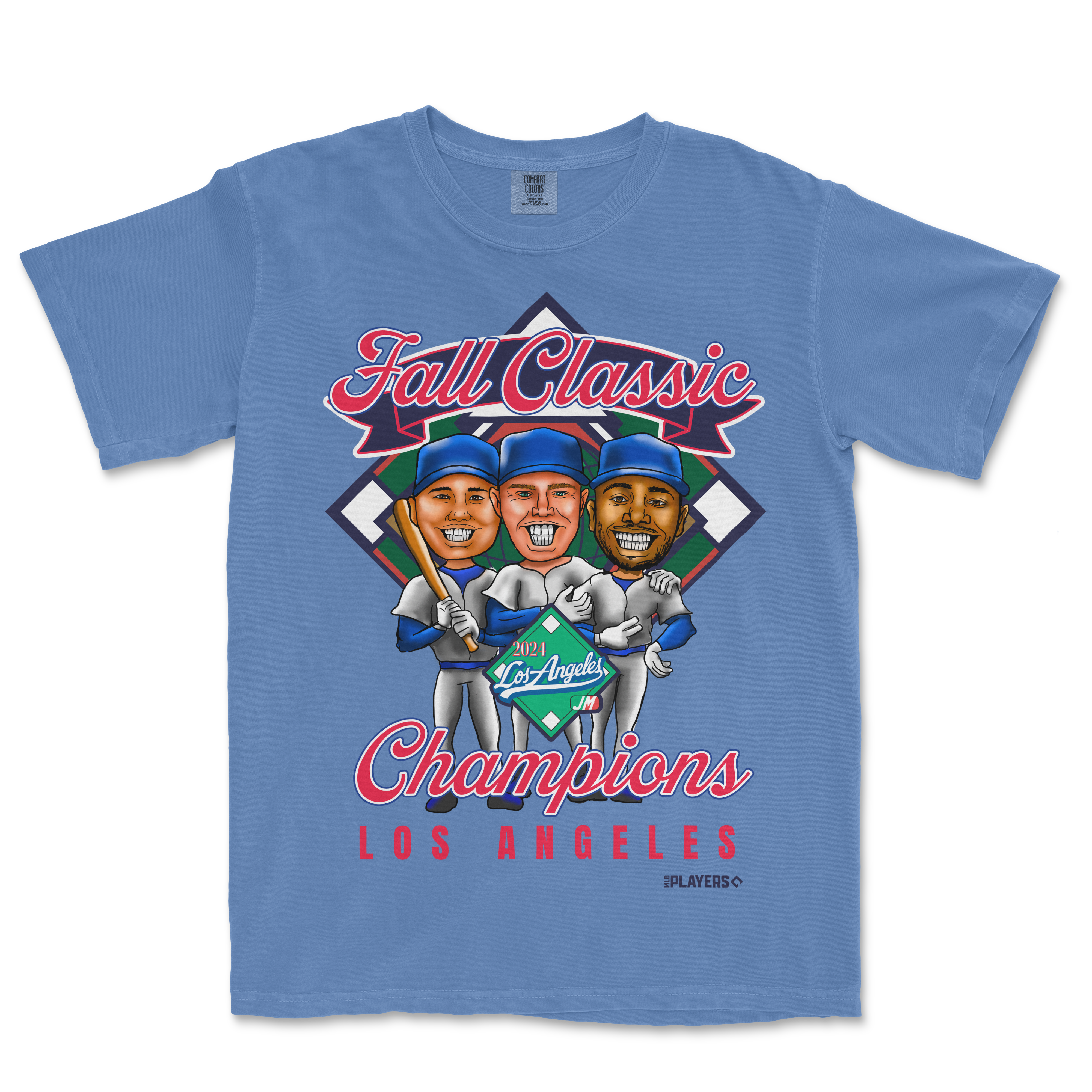 Blue T-shirt featuring cartoon caricatures of three baseball players holding a bat and celebrating, with "Fall Classic Champions Los Angeles" text.