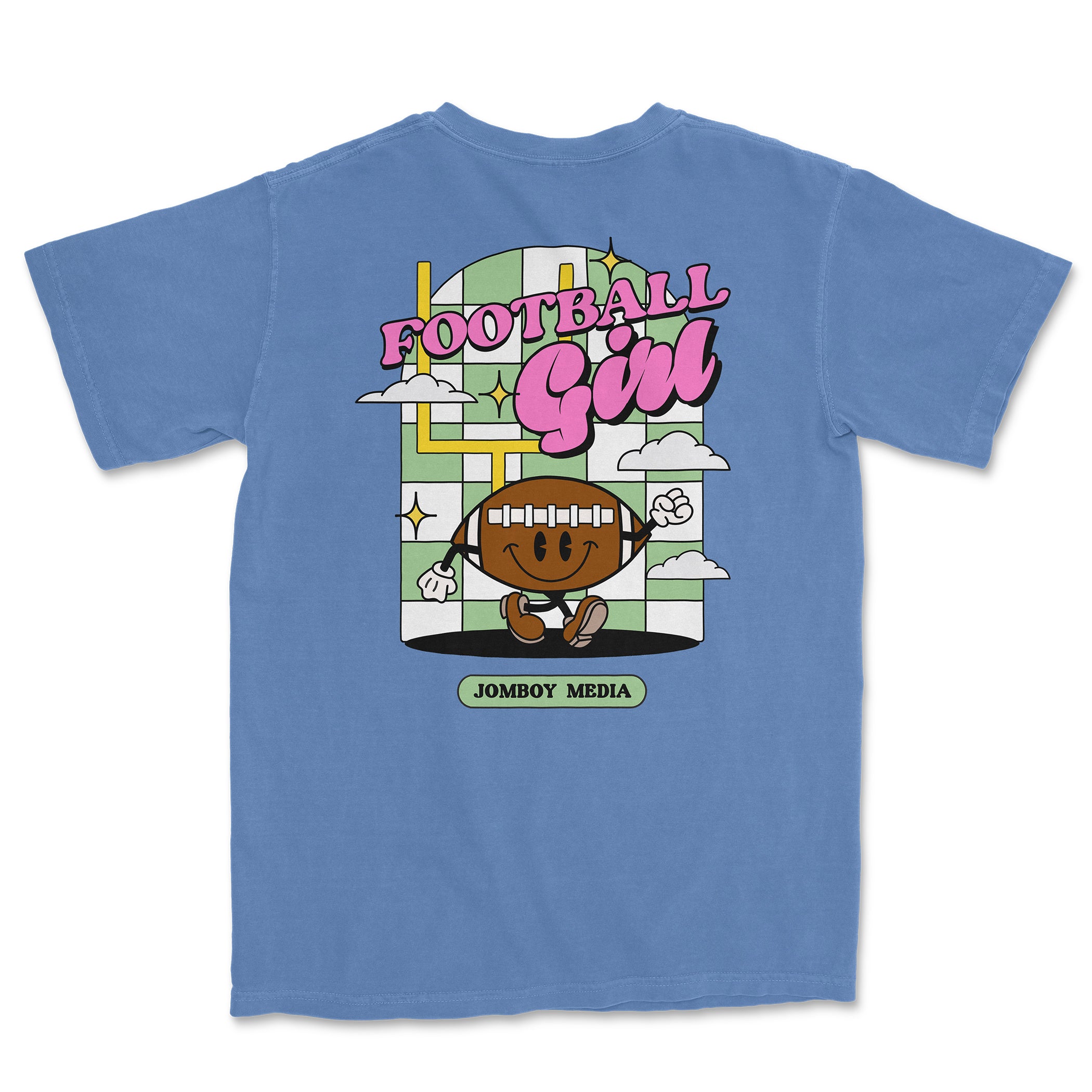 Blue Comfort Colors T-shirt featuring a cartoon football girl with a smiling football, clouds, and "Football Girl" text.