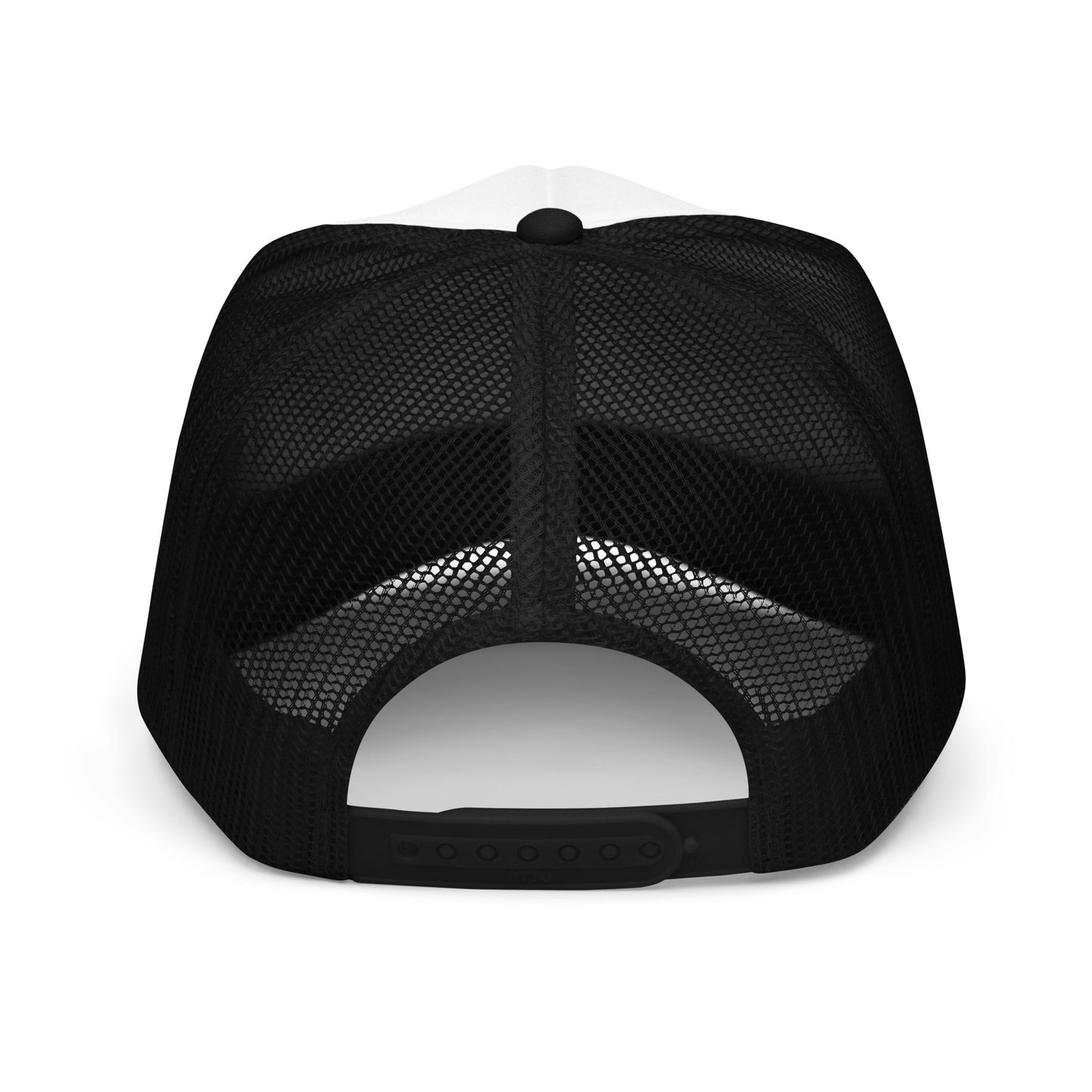 Black trucker hat with "Women Belong in Sports" text on the front, mesh back, adjustable snap closure, and curved brim.