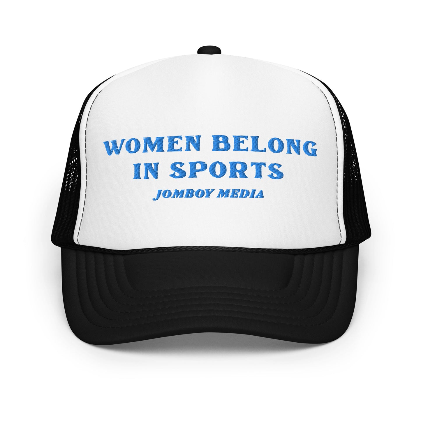 Trucker hat with "Women Belong in Sports" embroidered in blue on the front panel, featuring a black brim and mesh back.