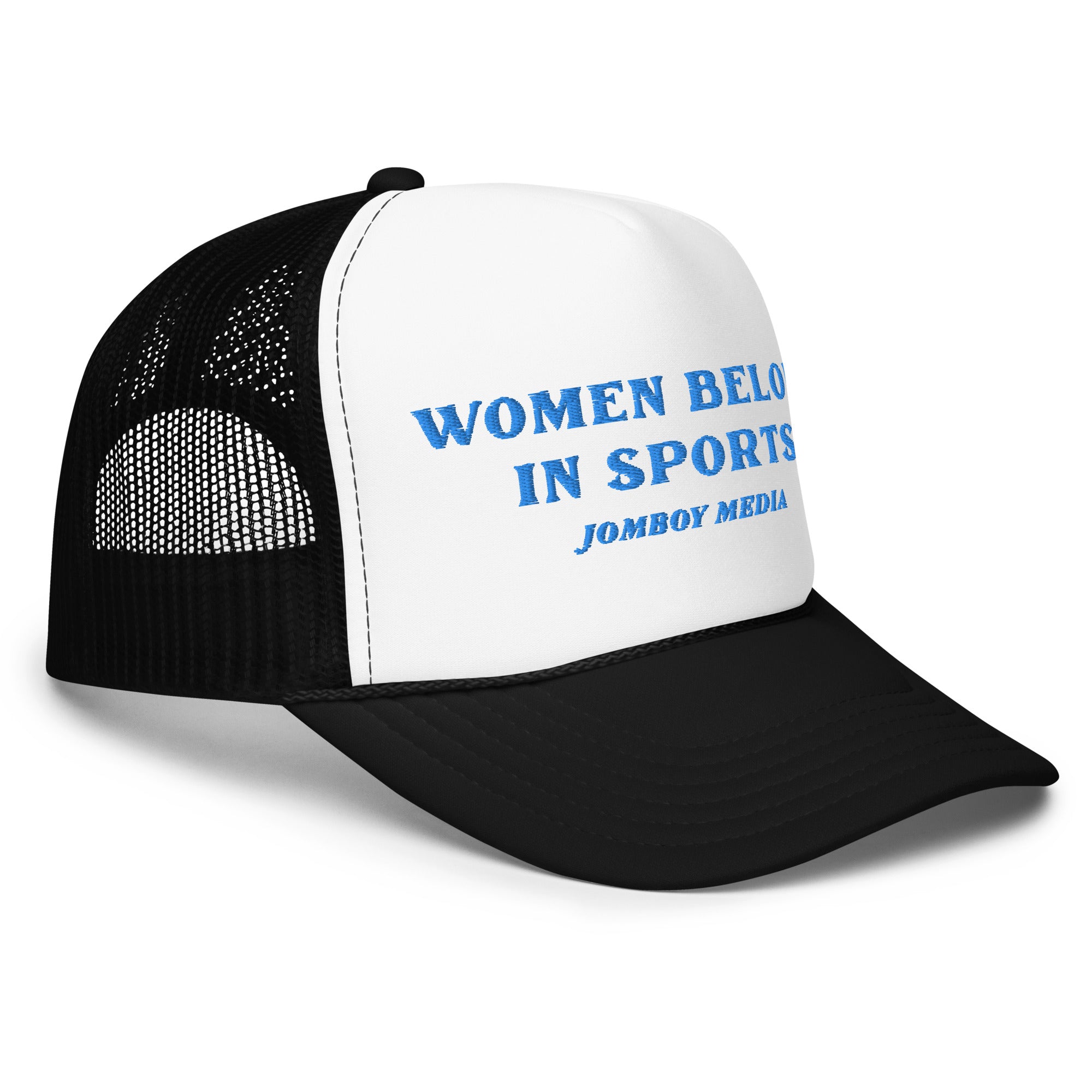 Black and white trucker hat with blue embroidered text: "Women Belong in Sports" and "Jomboy Media" on the front panel.