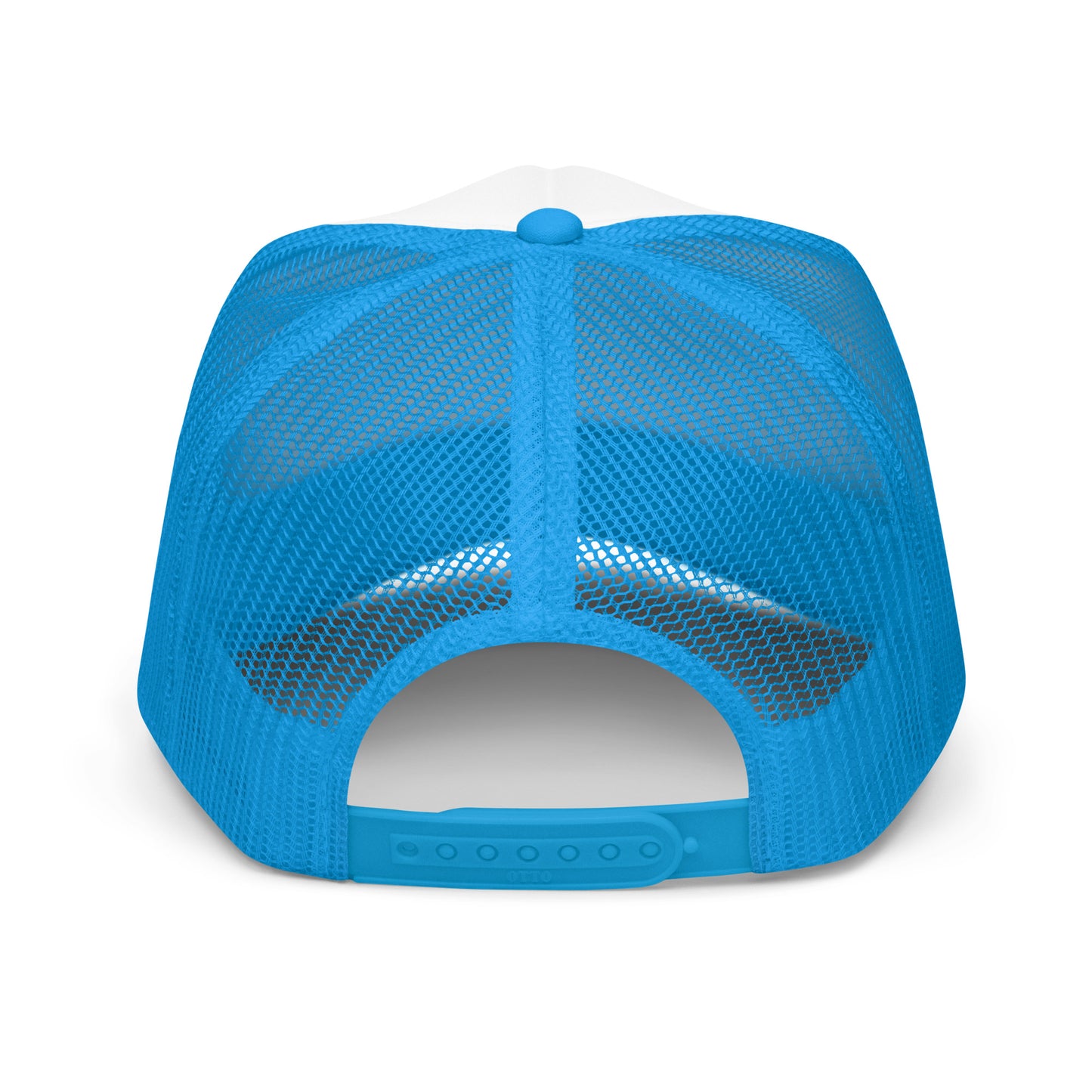 Blue mesh trucker hat with "Women Belong in Sports" text, adjustable strap, and curved brim, designed for women athletes.