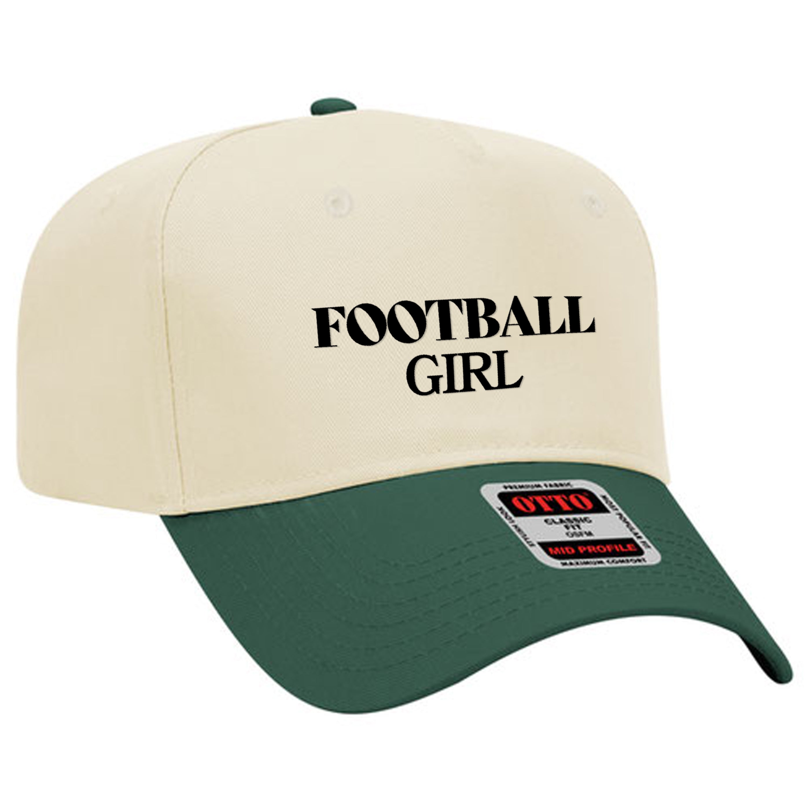 Cap with "Football Girl" text in black, cream crown, green brim, and a sticker on the brim.