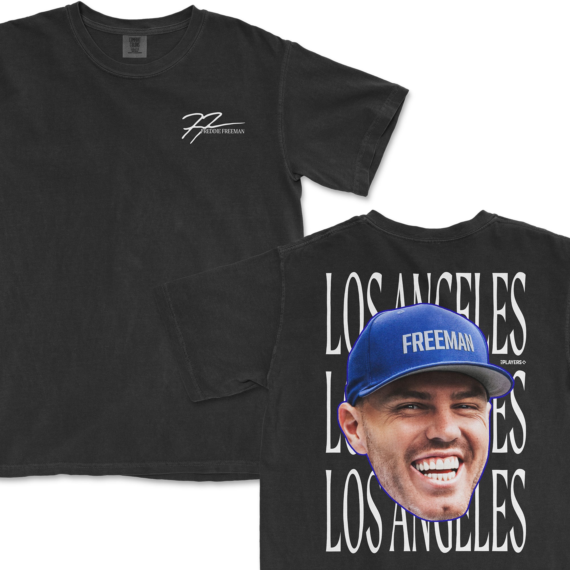 Freddie Freeman Head in the Game Series alternate t-shirt featuring a large graphic of Freeman's face and "Los Angeles" text.